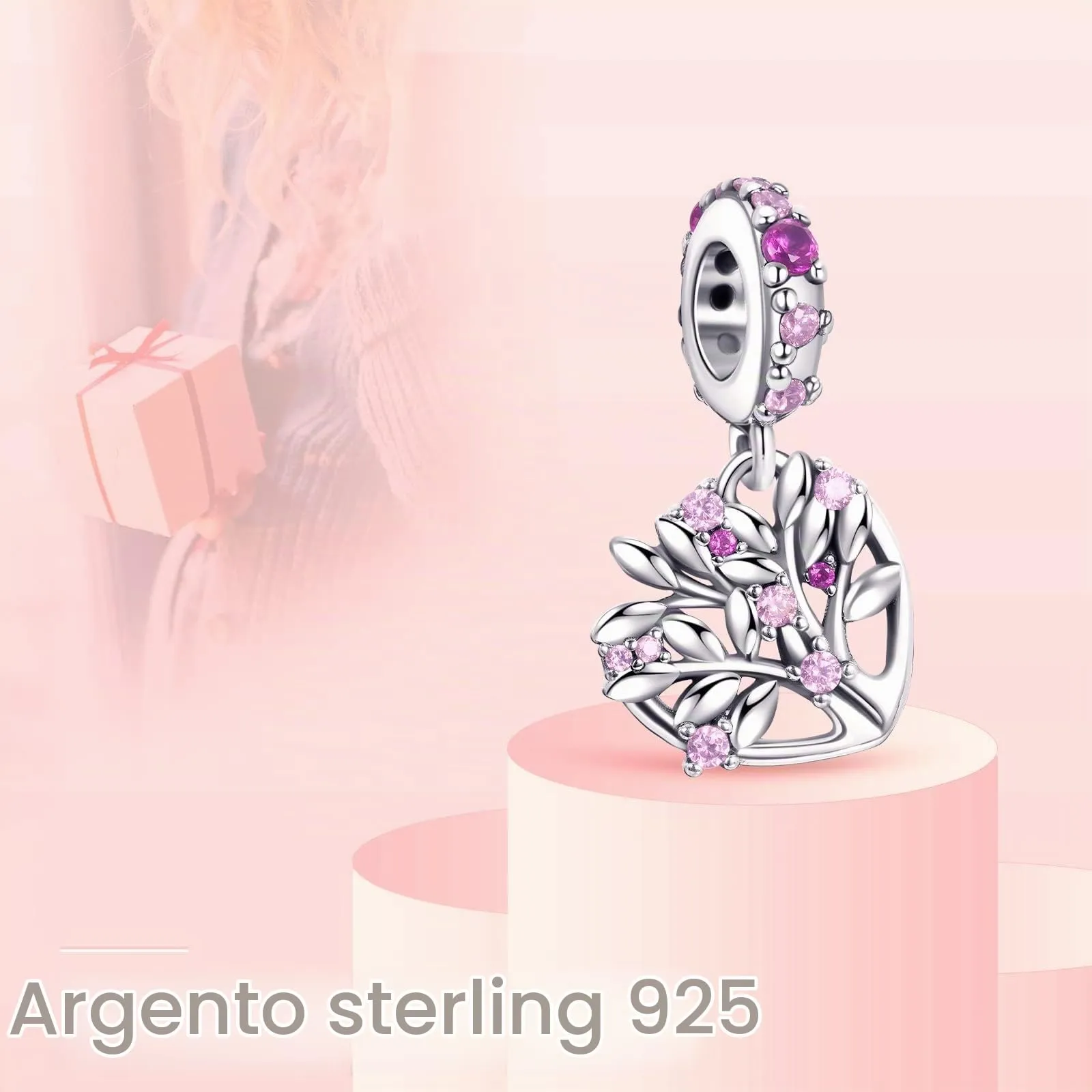 Annmors Ciondolo Cuore Rosa Albero della Famiglia in Argento 925 e Zirconia Cubica per Bracciale Charm - immagine 2