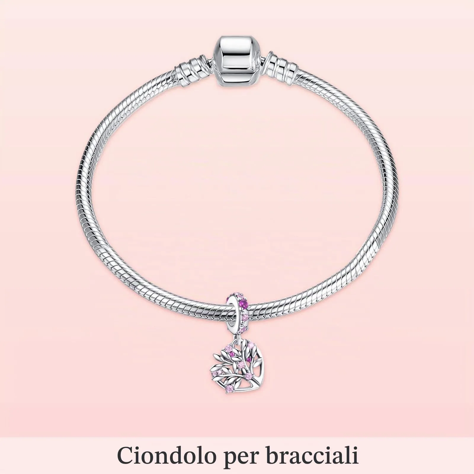 Annmors Ciondolo Cuore Rosa Albero della Famiglia in Argento 925 e Zirconia Cubica per Bracciale Charm - immagine 3