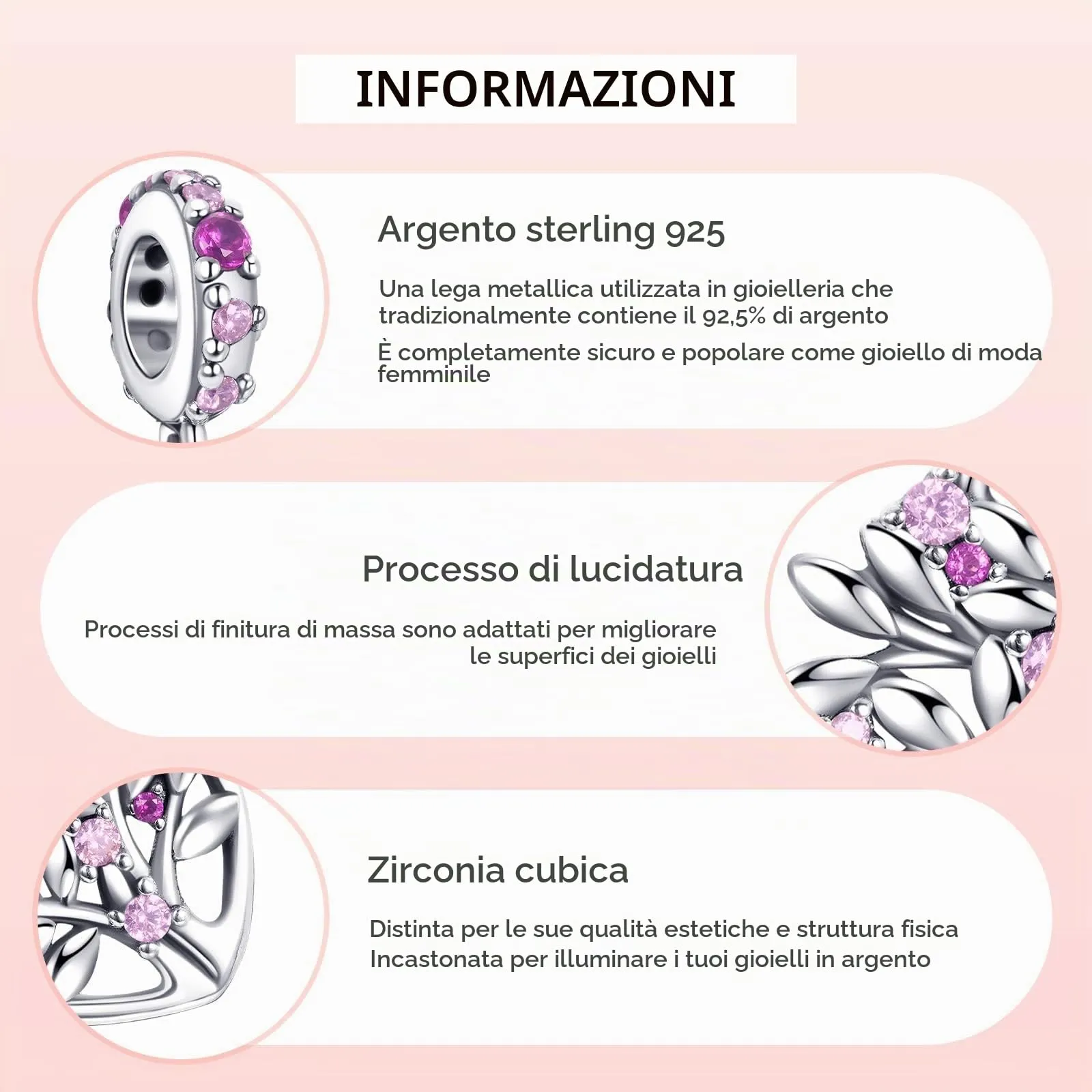 Annmors Ciondolo Cuore Rosa Albero della Famiglia in Argento 925 e Zirconia Cubica per Bracciale Charm - immagine 4