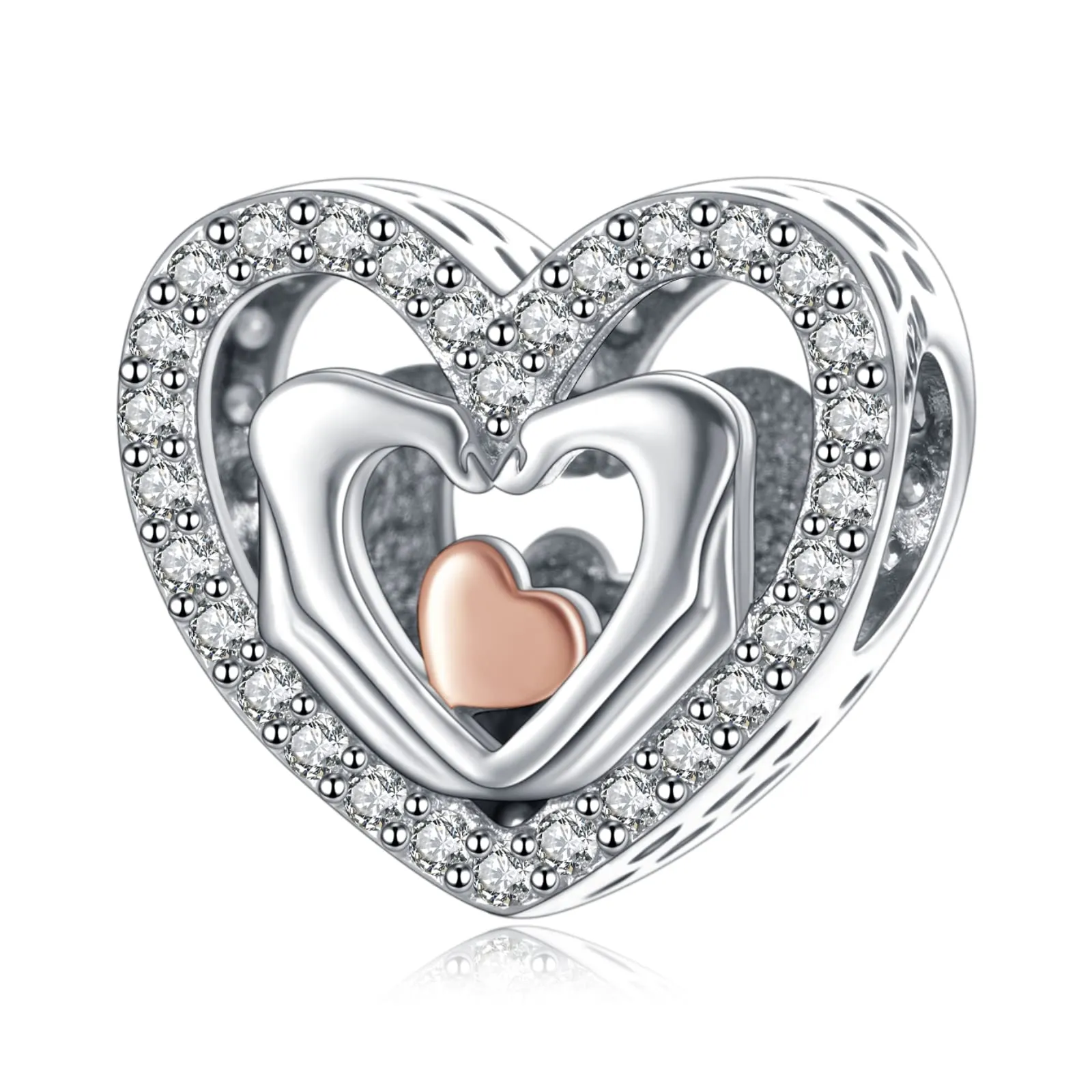 Annmors Hands Love Heart Bead Charm, 925 Sterling Silver and Cubic Zirconia - immagine 1