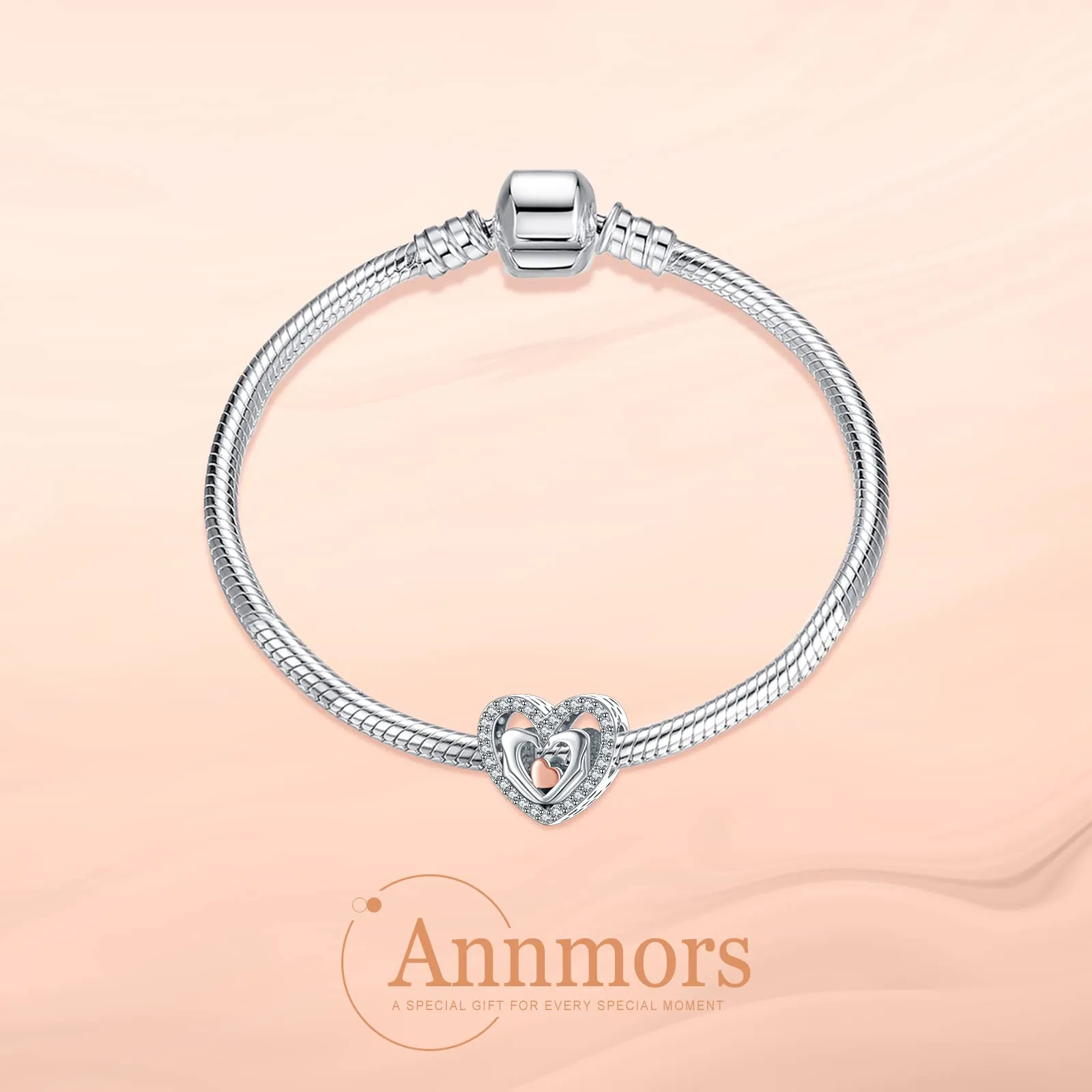 Annmors Hands Love Heart Bead Charm, 925 Sterling Silver and Cubic Zirconia - immagine 2