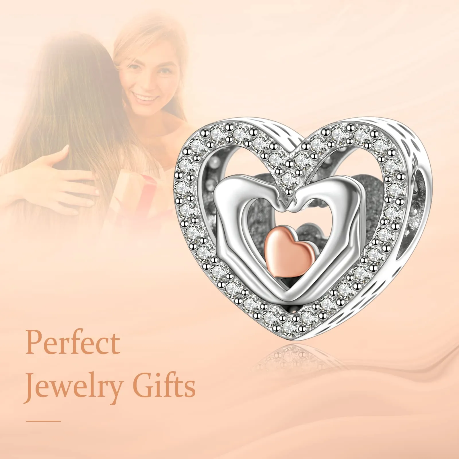 Annmors Hands Love Heart Bead Charm, 925 Sterling Silver and Cubic Zirconia - immagine 3