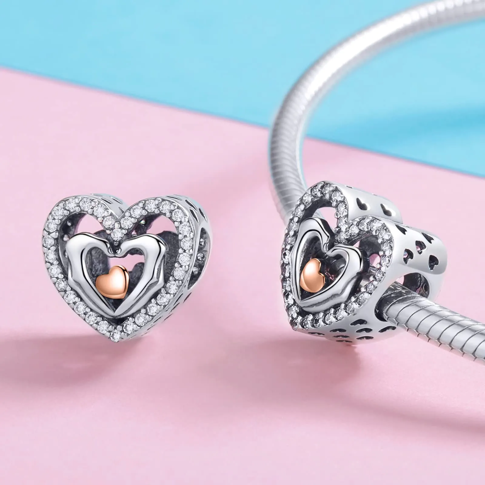 Annmors Hands Love Heart Bead Charm, 925 Sterling Silver and Cubic Zirconia - immagine 7