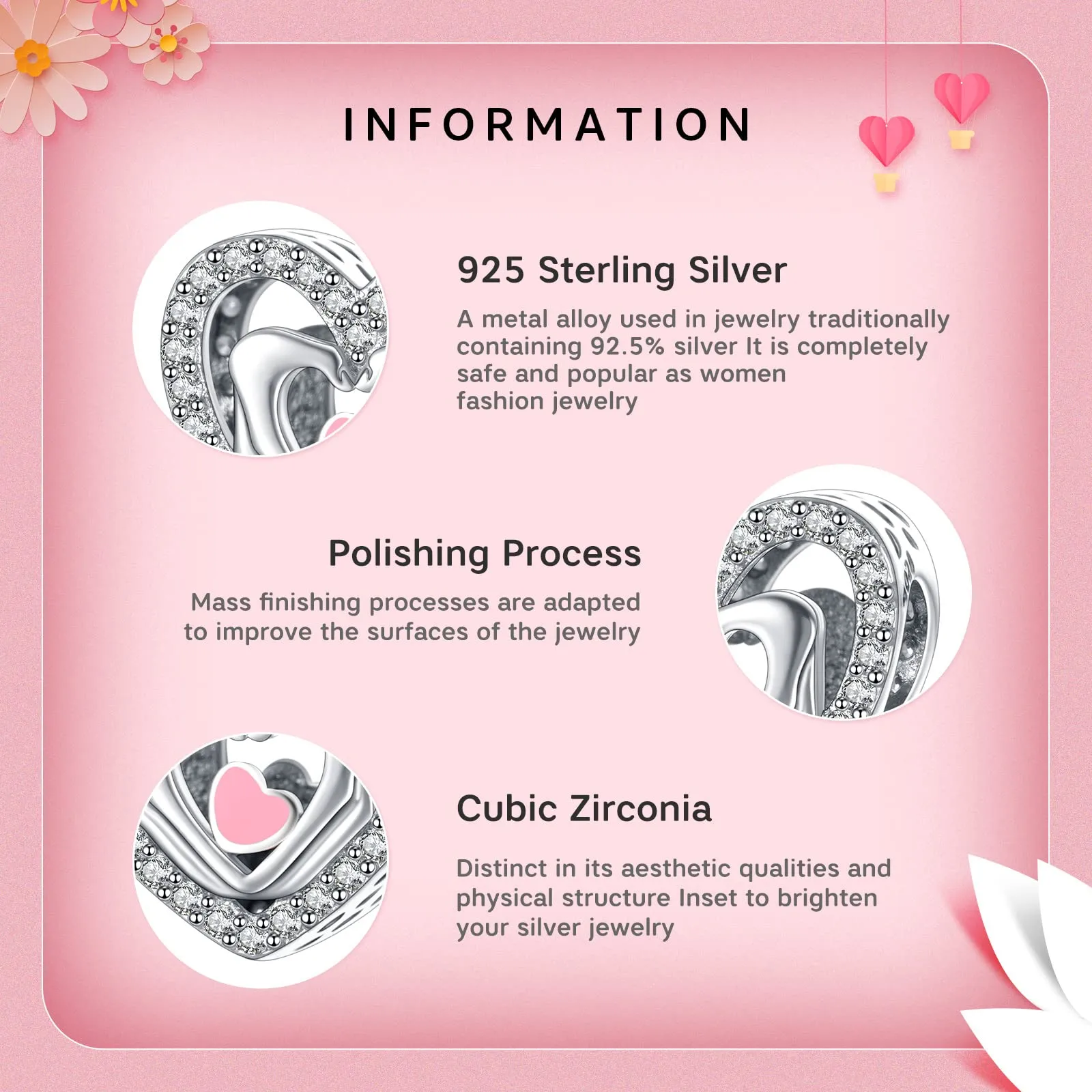 Annmors Love Heart Charms 925 Sterling Silver Dangle Pendant Bead with Cubic Zirconia for Bracelets and Necklaces - immagine 4