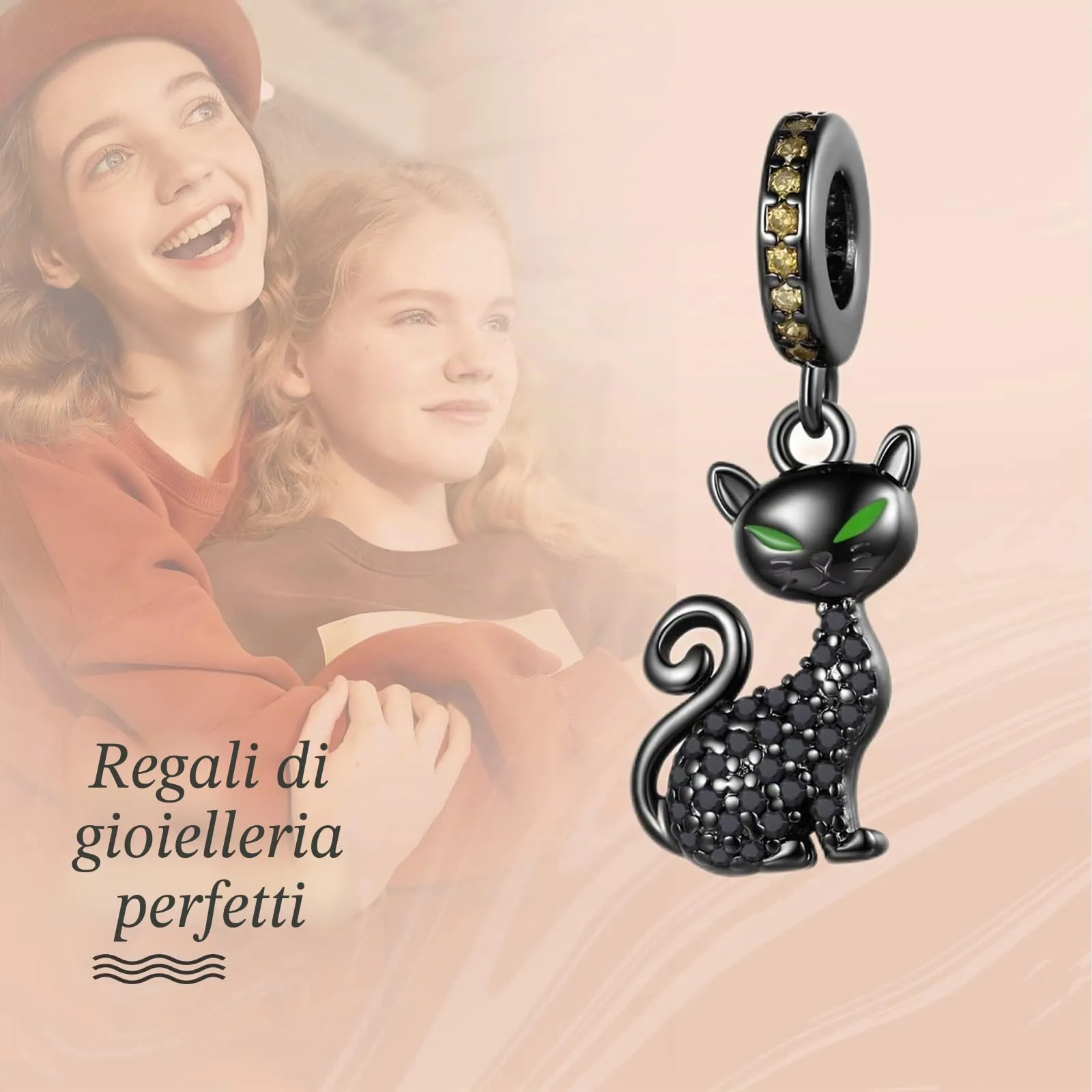 Annmors Ciondolo in Argento Sterling 925 Charm Bead Black Cat con Zirconia Cubica - immagine 3