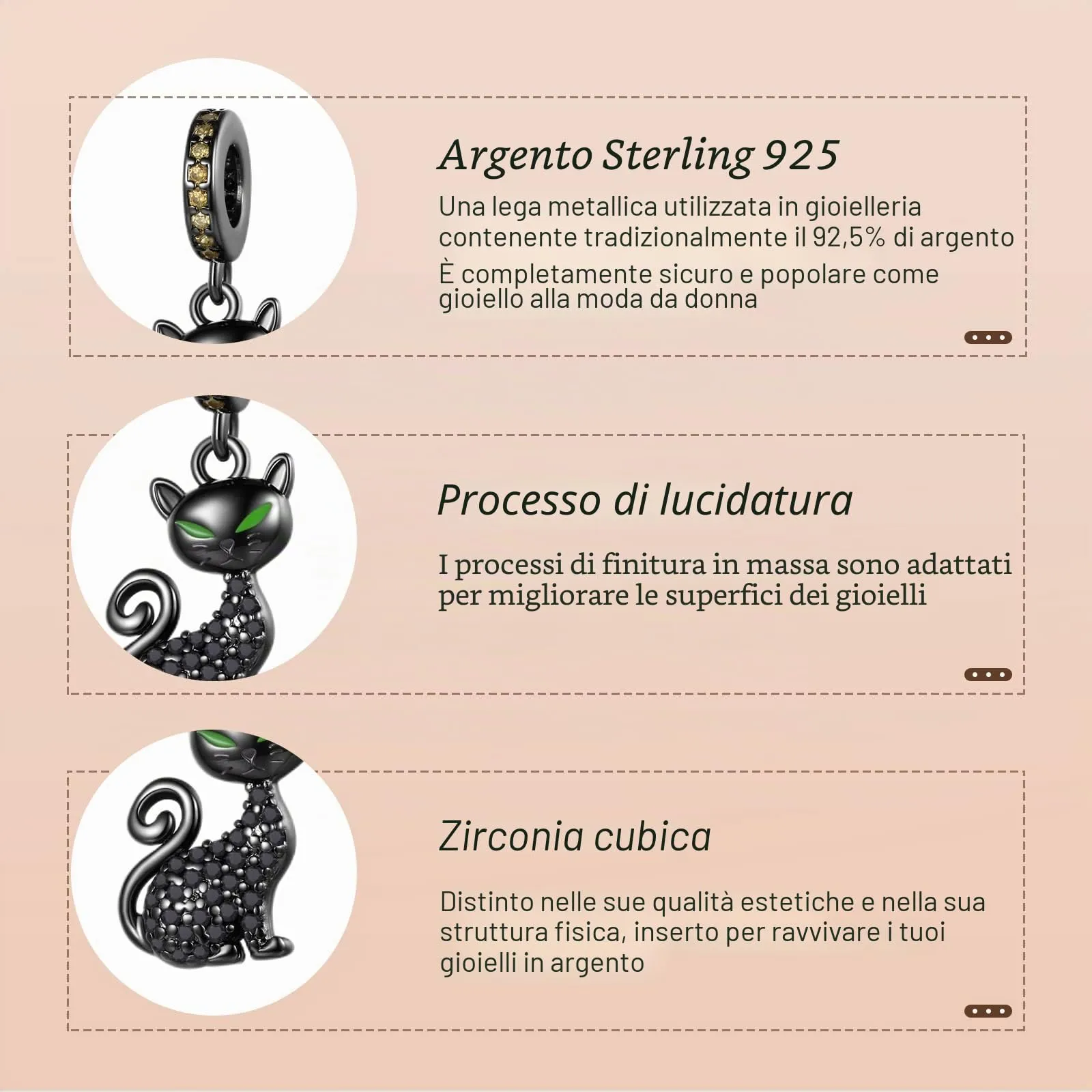 Annmors Ciondolo in Argento Sterling 925 Charm Bead Black Cat con Zirconia Cubica - immagine 4