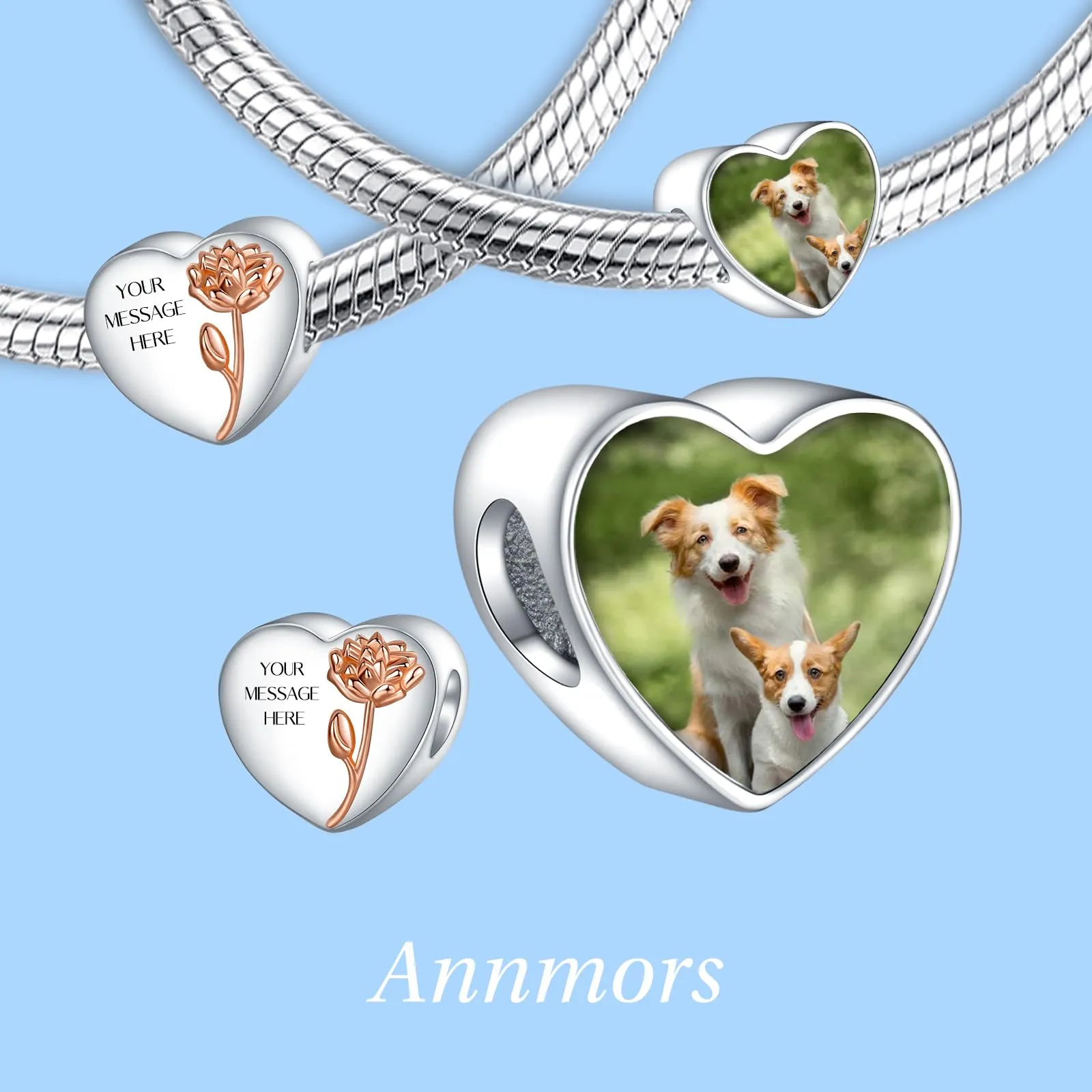 Annmors Ciondoli Bead Argento 925 Foto Cuore Personalizzate July Larkspur - immagine 2