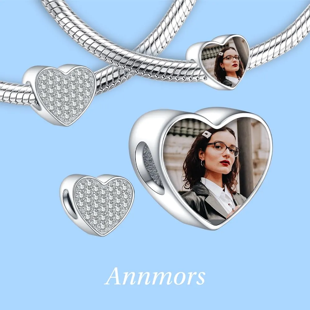 Annmors Ciondoli Bead Argento 925 con Foto a Forma di Cuore Personalizzate per Bracciali e Collane - immagine 2