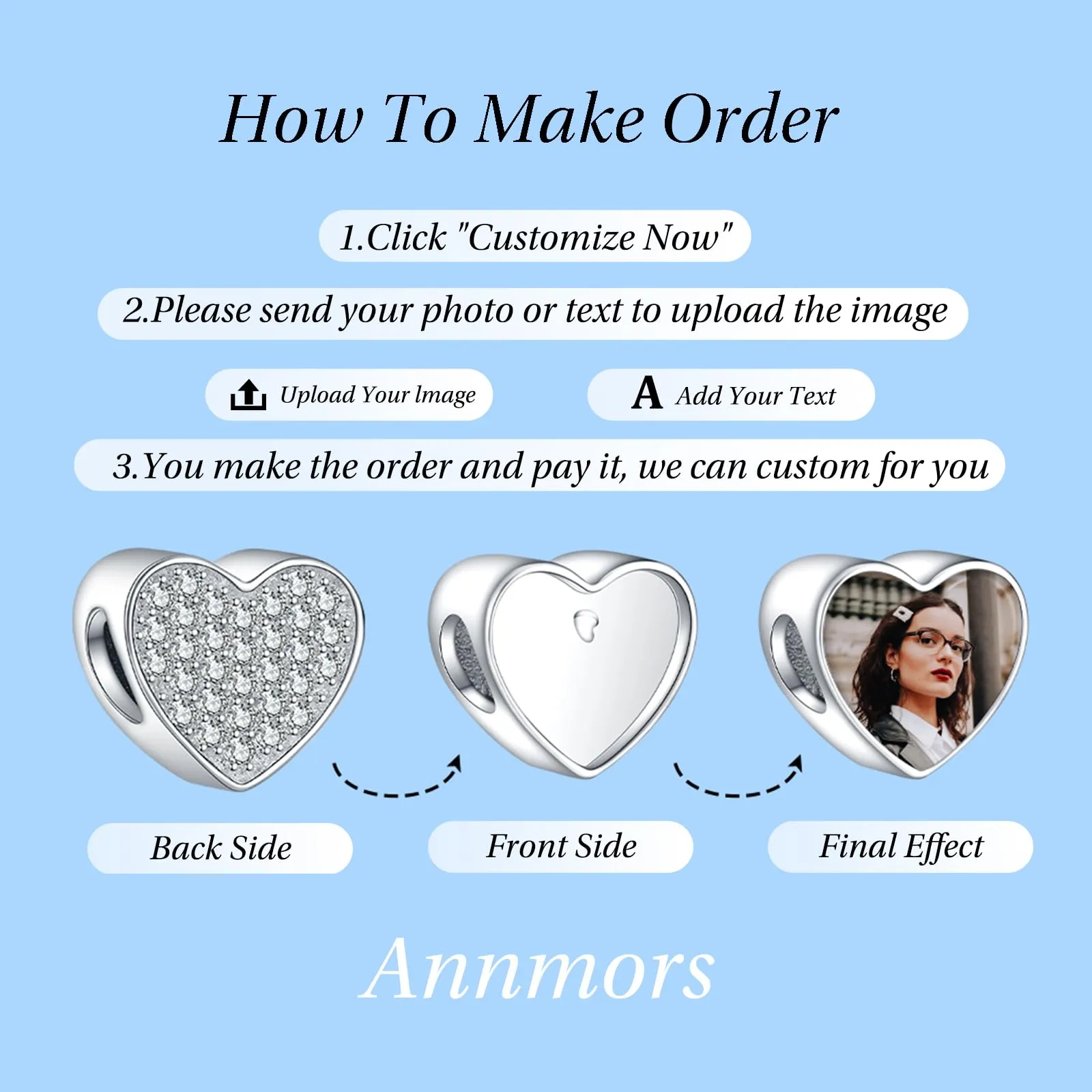 Annmors Ciondoli Bead Argento 925 con Foto a Forma di Cuore Personalizzate per Bracciali e Collane - immagine 3
