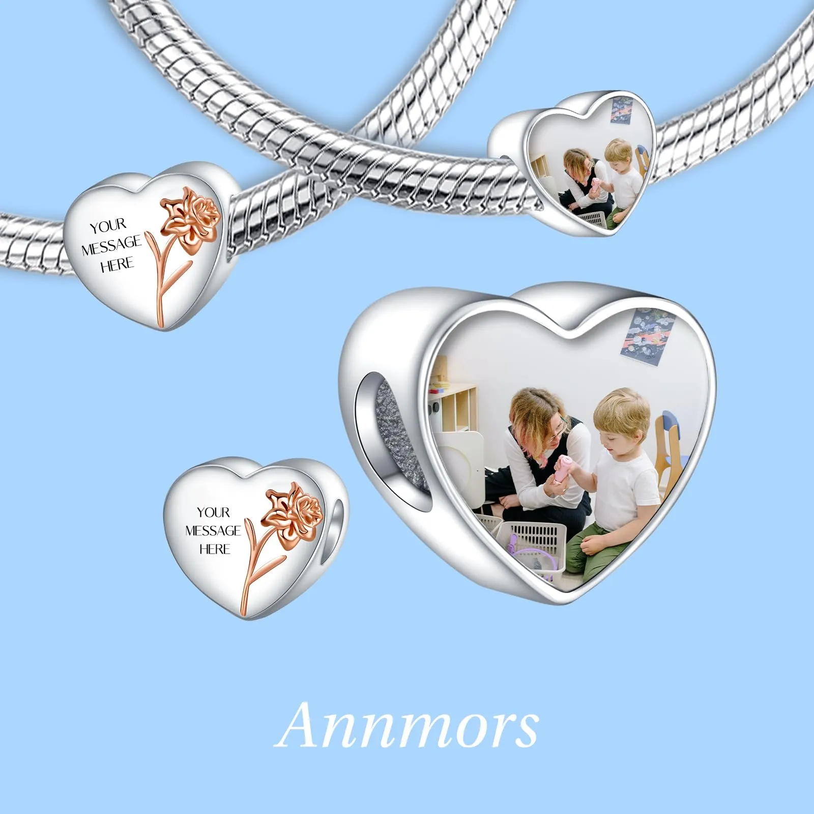 Annmors Ciondoli Bead Argento 925 a Forma di Cuore Personalizzati March Daffodil - immagine 2