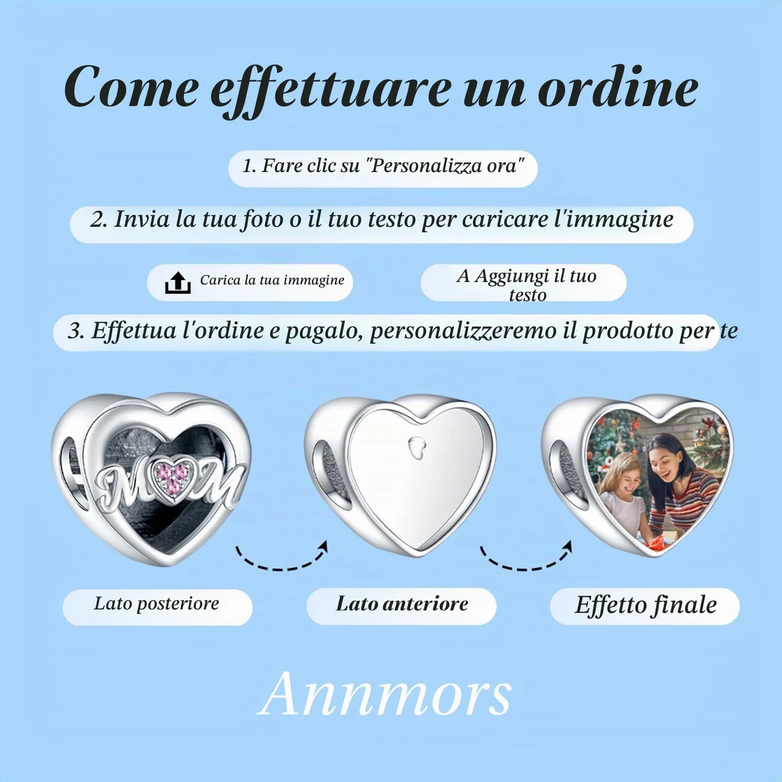 Annmors Ciondoli Bead Argento 925 a Forma di Cuore Personalizzati per Donne e Ragazze - immagine 3