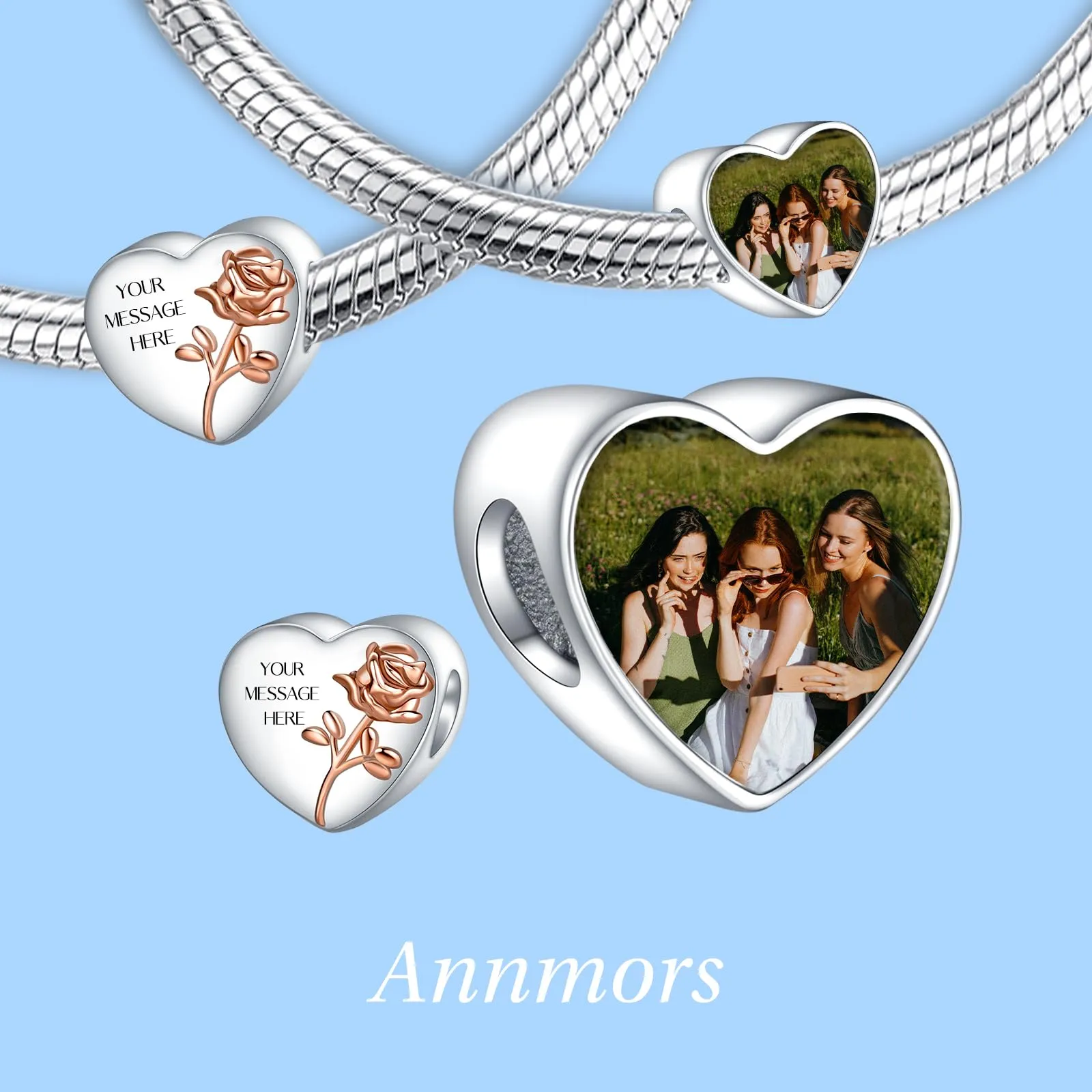 Annmors Ciondoli Bead Argento 925 con Foto a Forma di Cuore Personalizzate June Rose - immagine 2