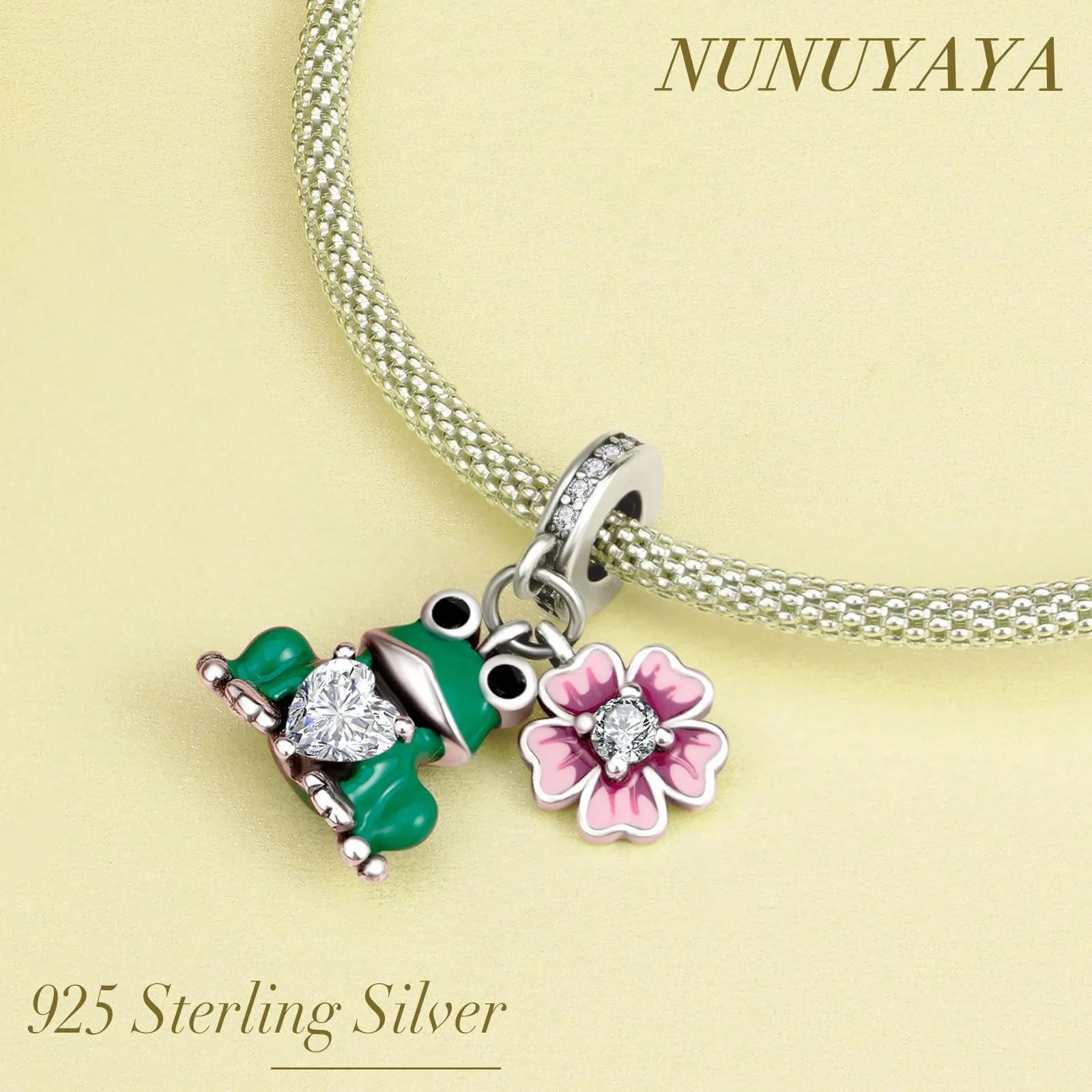 NUNUYAYA Green Frog Love Flower Dangle Charm in Argento Sterling 925 con Cubic Zirconia - immagine 4