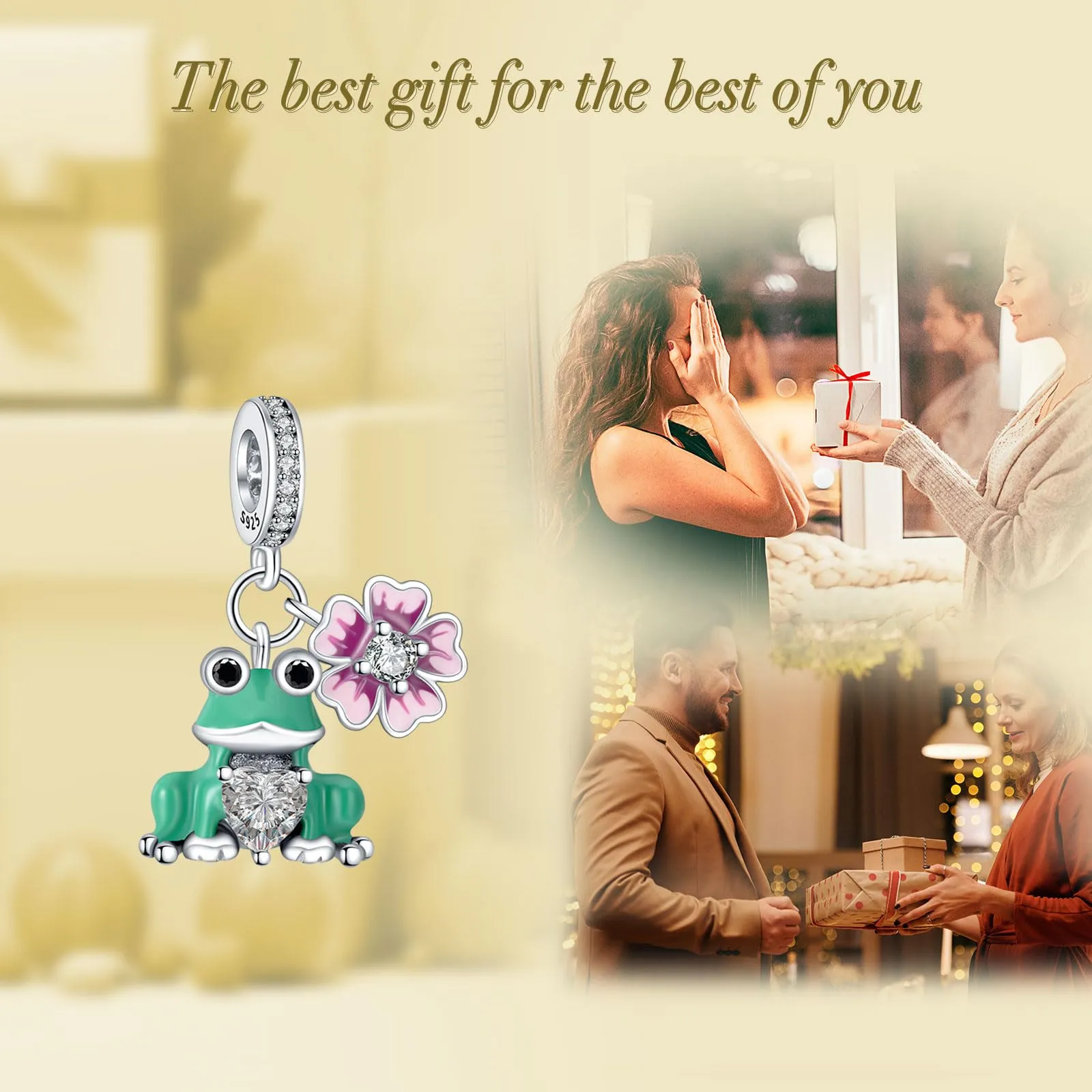 NUNUYAYA Green Frog Love Flower Dangle Charm in Argento Sterling 925 con Cubic Zirconia - immagine 6