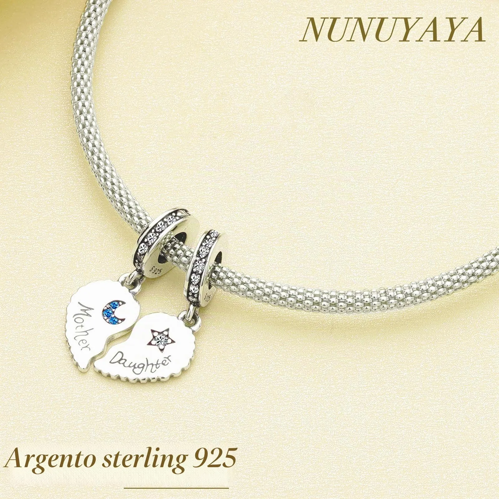 NUNUYAYA Moon Star Mother Daughter Dangle Charm in Argento Sterling 925 con Cubic Zirconia - immagine 4