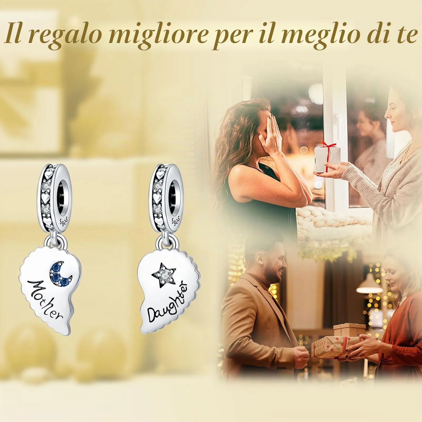 NUNUYAYA Moon Star Mother Daughter Dangle Charm in Argento Sterling 925 con Cubic Zirconia - immagine 6