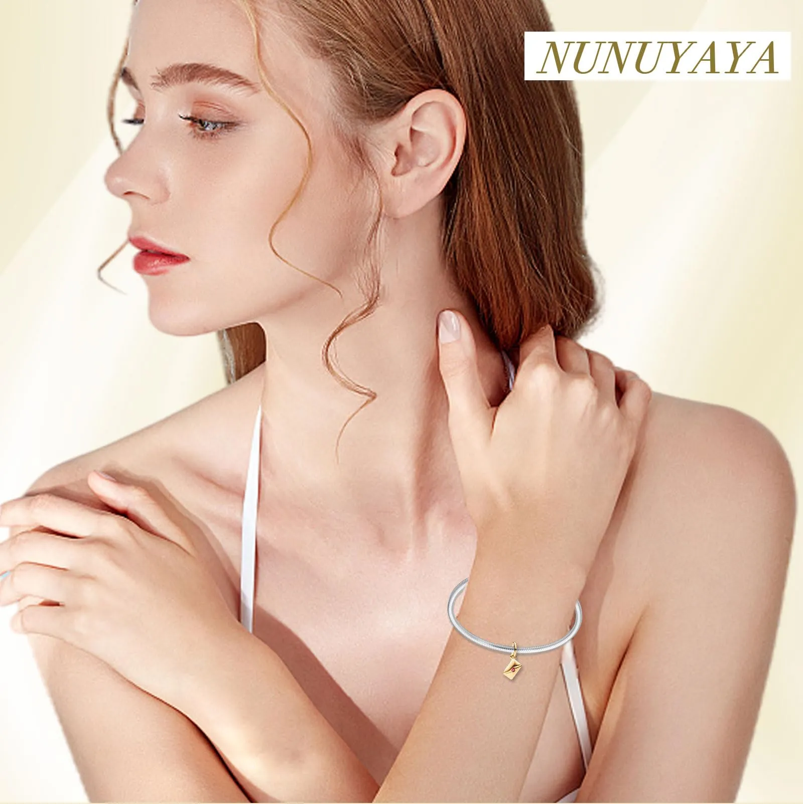 NUNUYAYA Golden Heart Envelope Dangle Charm in Argento Sterling 925 con Cubic Zirconia - immagine 2
