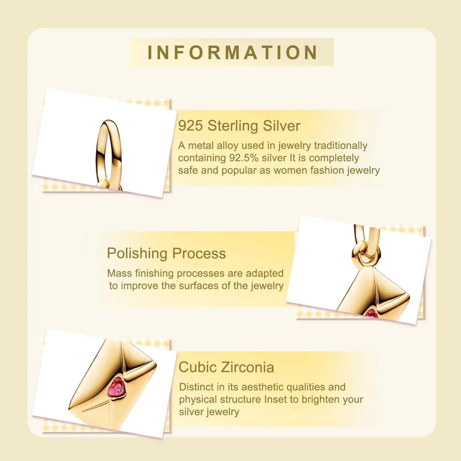 NUNUYAYA Golden Heart Envelope Dangle Charm in Argento Sterling 925 con Cubic Zirconia - immagine 3