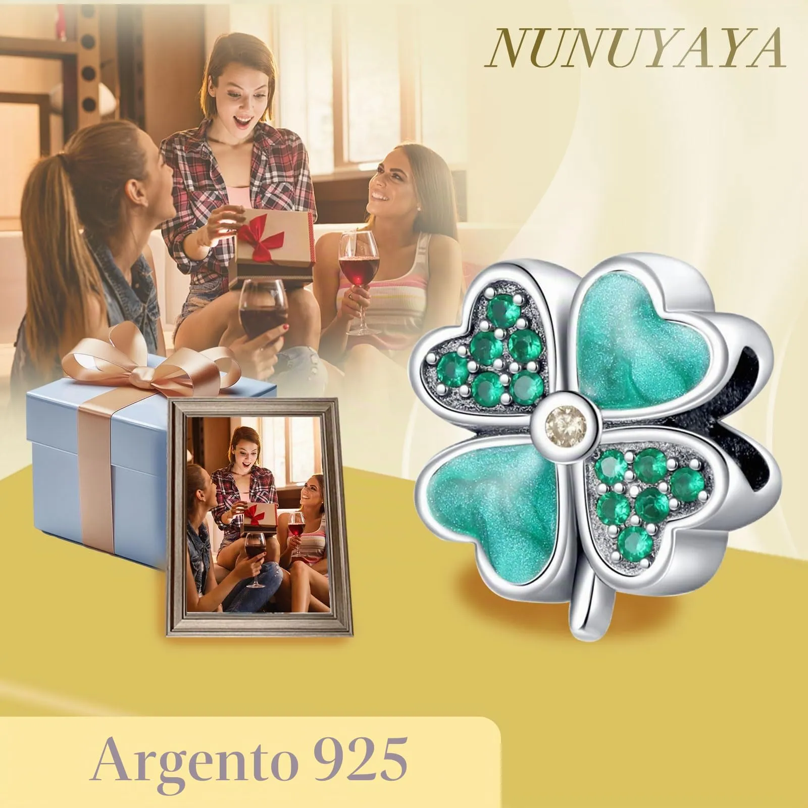 NUNUYAYA Green Four-Leaf Clover Charm Pendant in 925 Sterling Silver with Cubic Zirconia - immagine 4