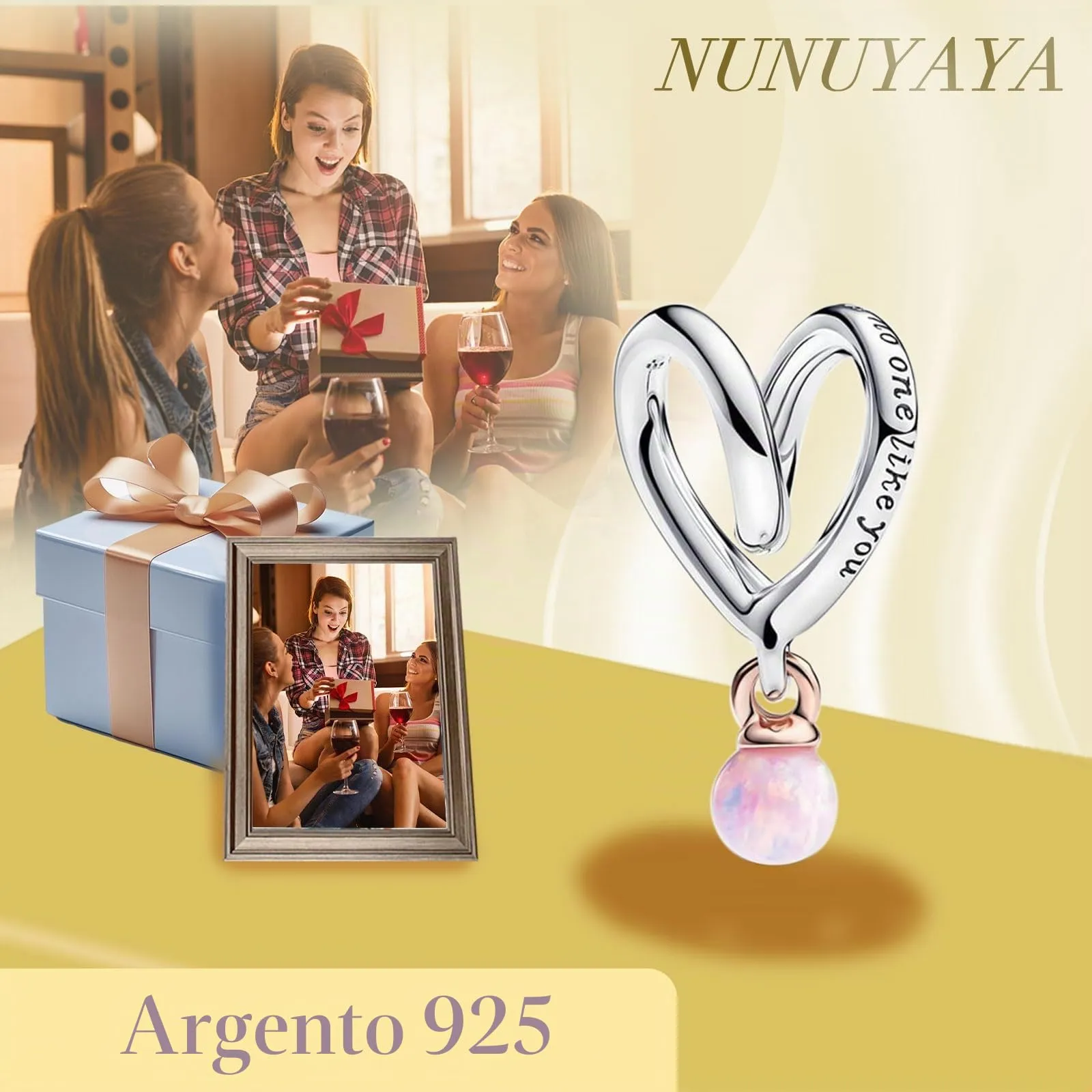 NUNUYAYA Pink Heart Dangle Charm in Argento Sterling 925 con Cubic Zirconia - immagine 4