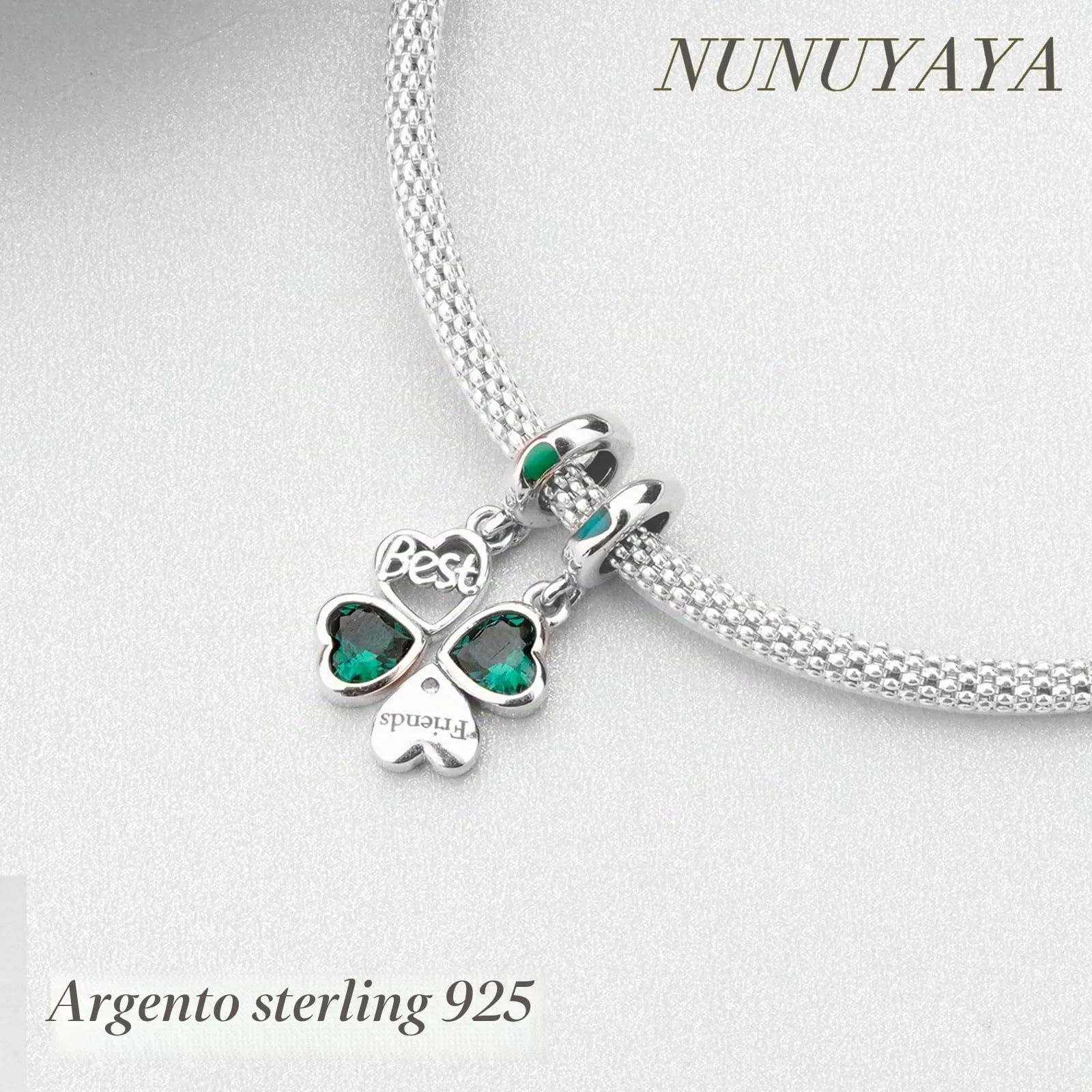 NUNUYAYA Charm Bead Ciondolo in Argento Sterling 925 Quadrifoglio con Cubic Zirconia per Braccialetti e Collane Europei - immagine 4