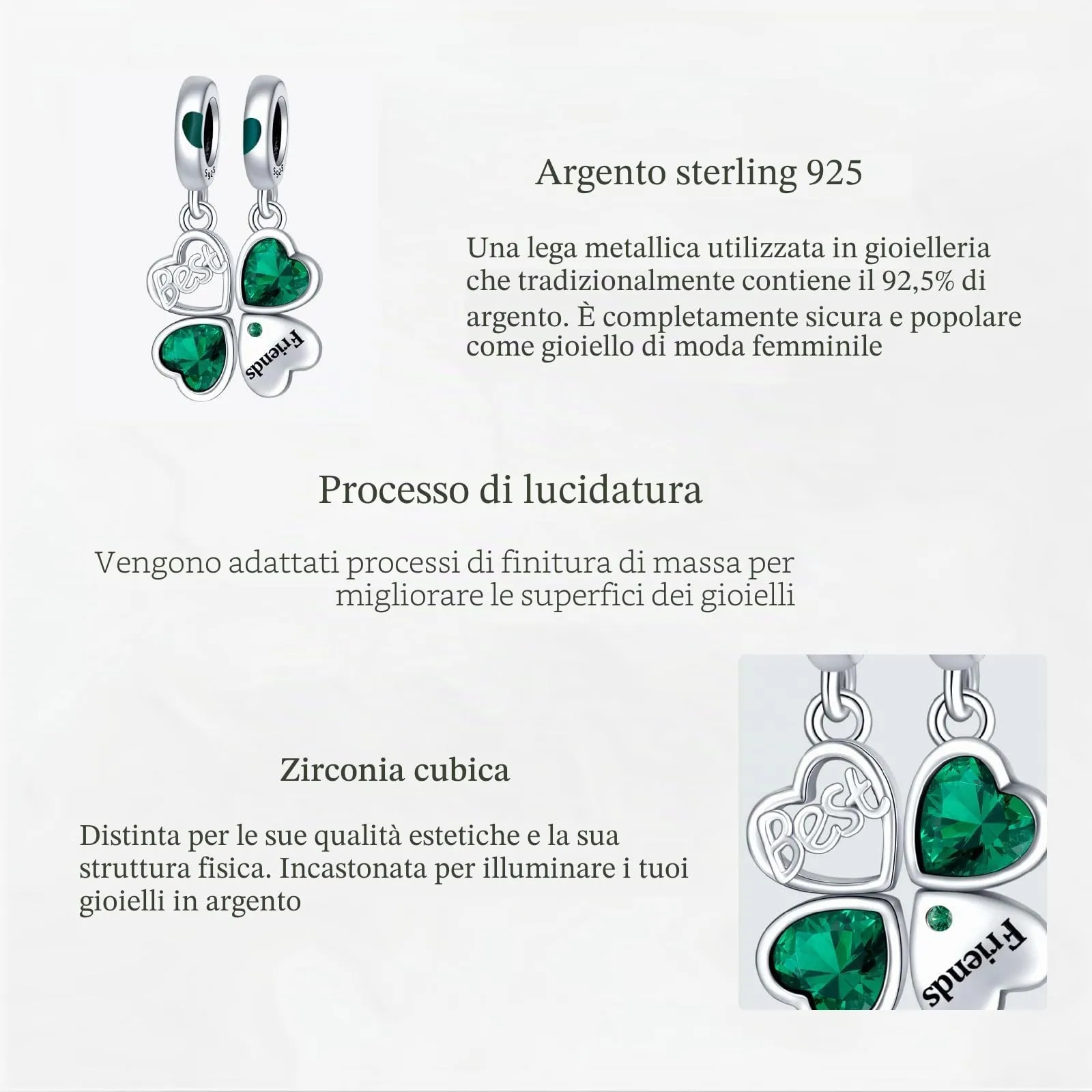 NUNUYAYA Charm Bead Ciondolo in Argento Sterling 925 Quadrifoglio con Cubic Zirconia per Braccialetti e Collane Europei - immagine 6