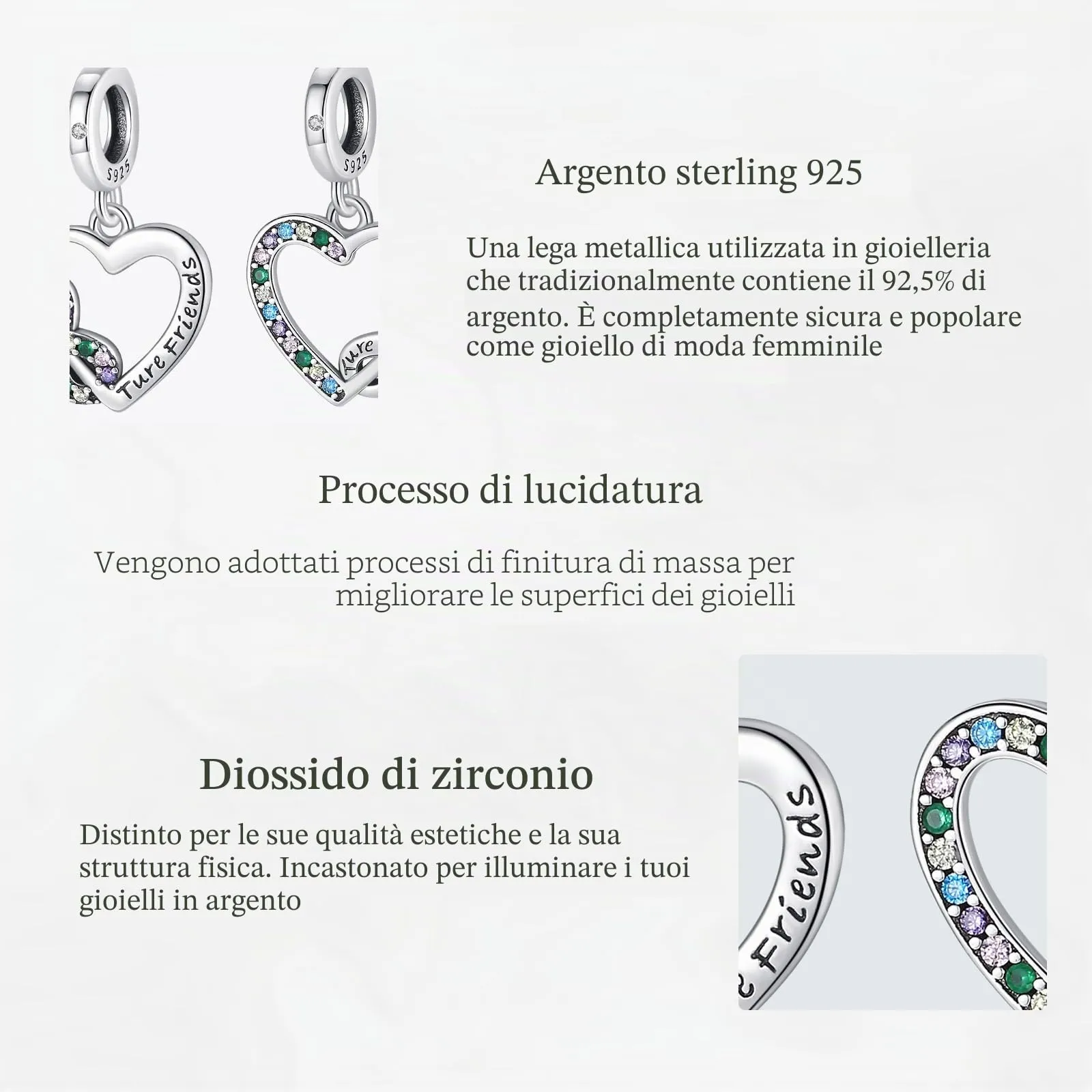 NUNUYAYA Puzzle Piece Hearts Splittable Friendship Charm in Argento Sterling 925 con Zirconia - immagine 4