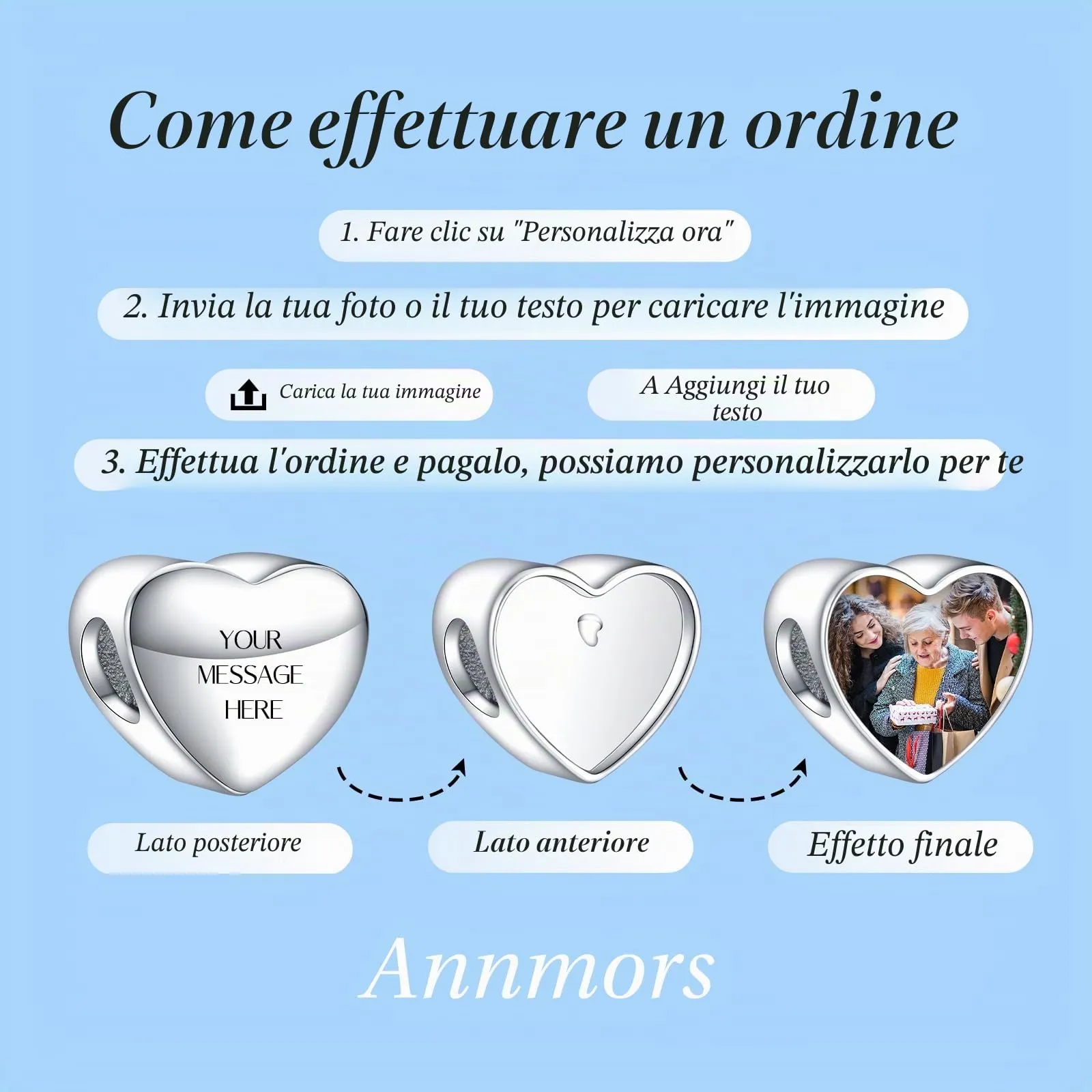 Annmors Ciondoli Bead Argento 925 con Foto a Forma di Cuore Personalizzate per Donne e Ragazze - immagine 3