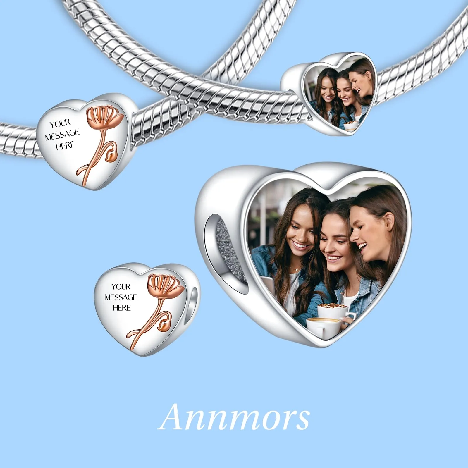 Annmors Ciondoli Bead Argento 925 a Forma di Cuore Personalizzati August Poppy - immagine 2