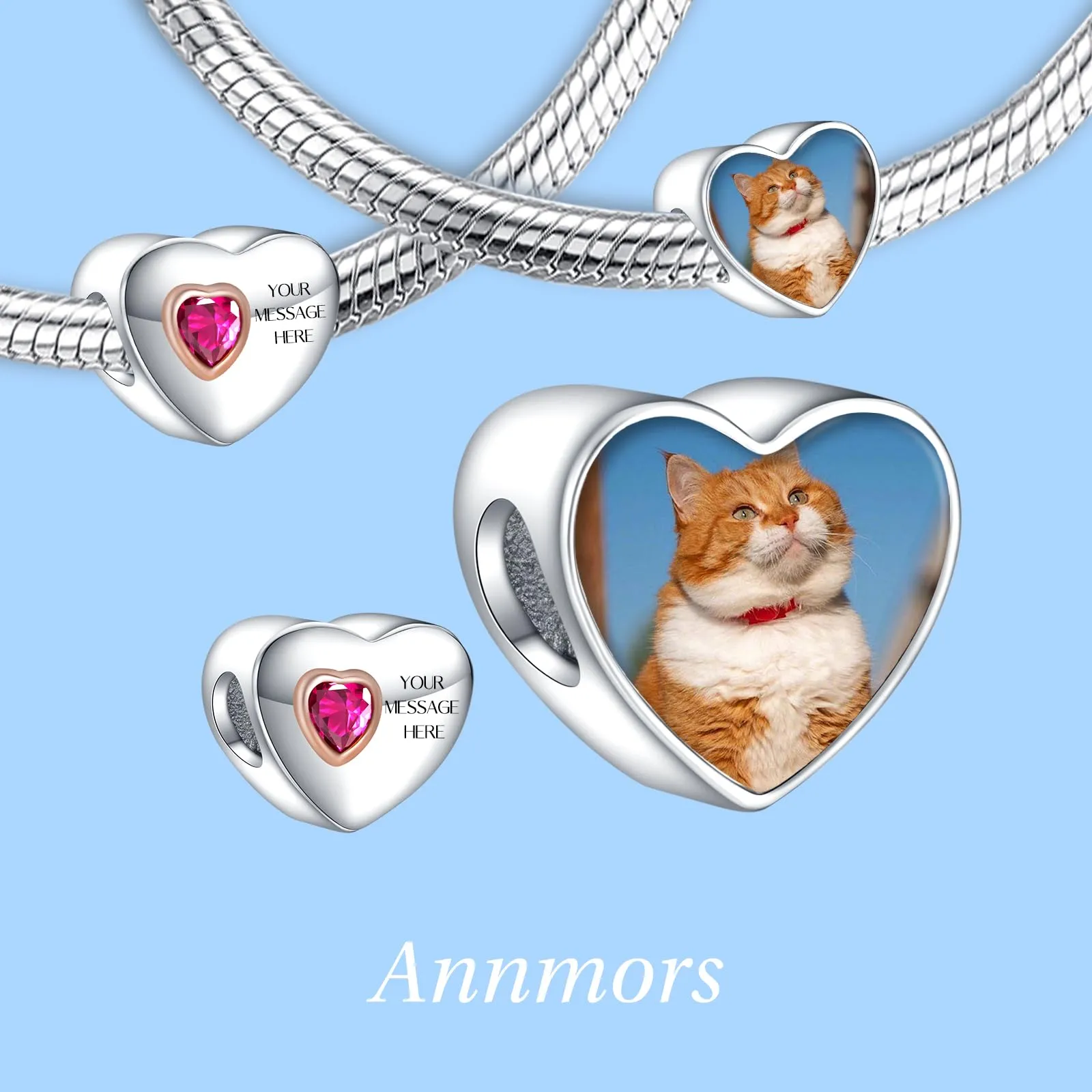 Annmors Ciondoli Bead Argento 925 con Foto a Forma di Cuore Personalizzate per Bracciali e Collane - immagine 2