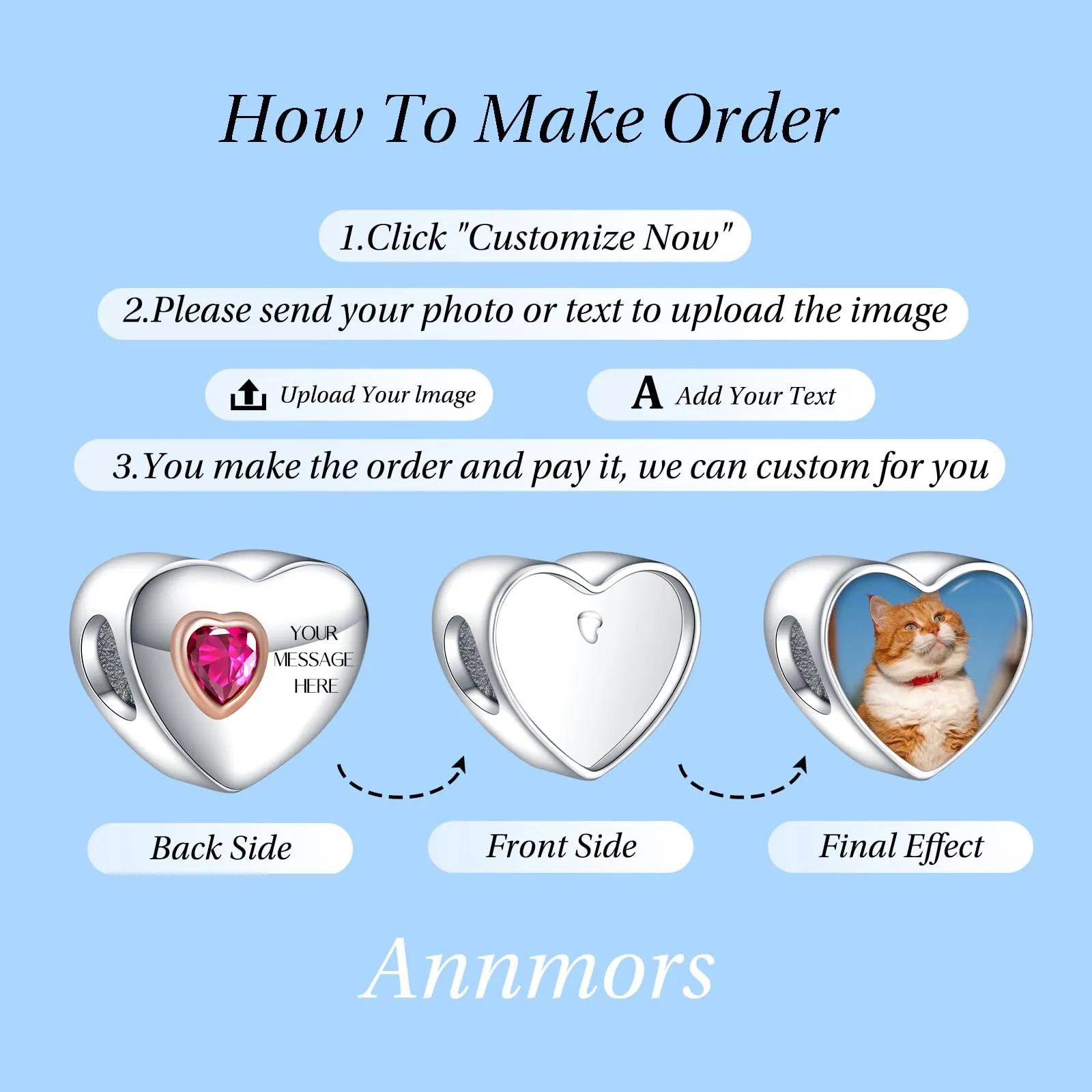 Annmors Ciondoli Bead Argento 925 con Foto a Forma di Cuore Personalizzate per Bracciali e Collane - immagine 3