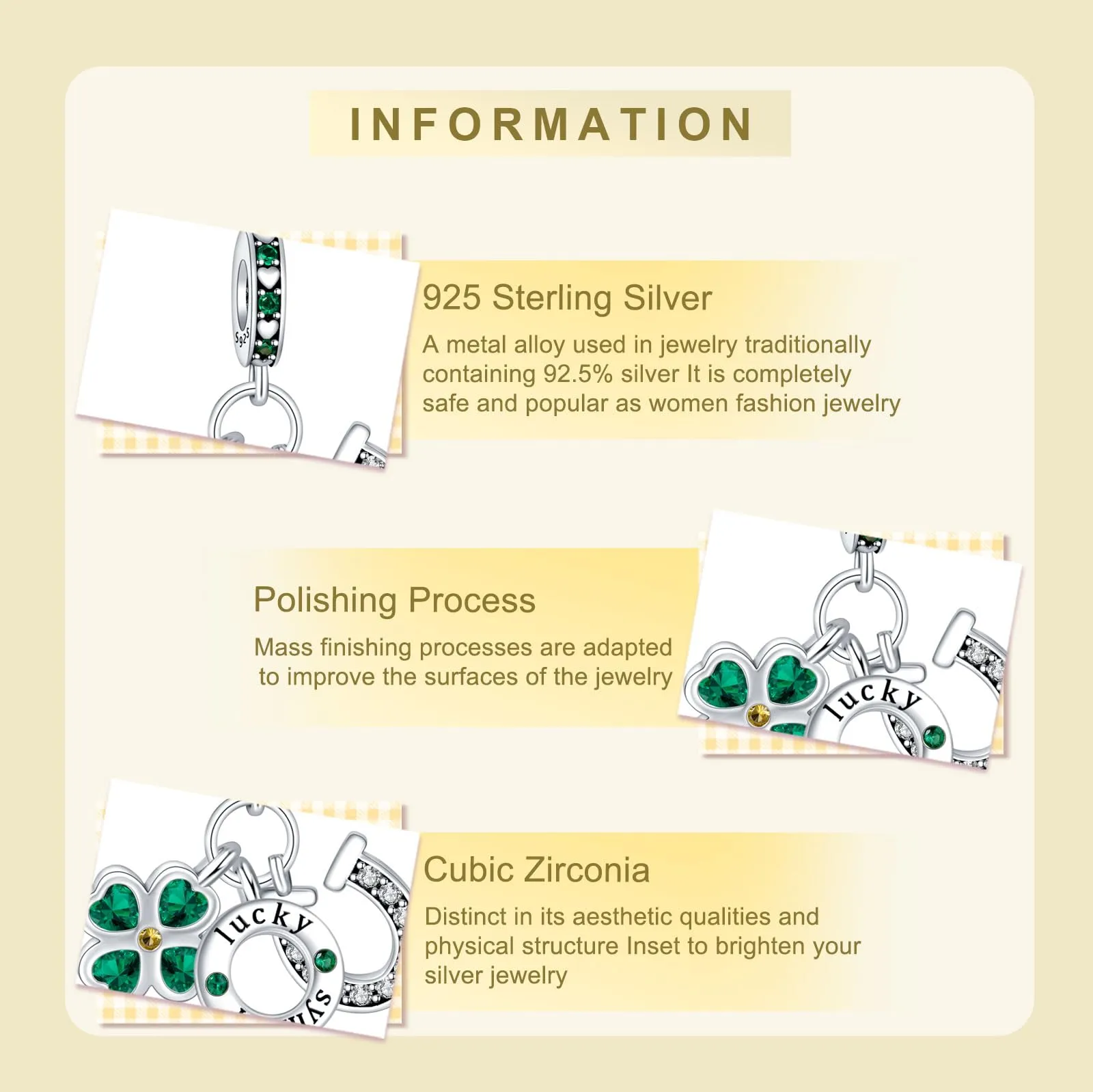 NUNUYAYA Charm Bead Ciondolo in Argento Sterling 925 Lucky Green Four-Leaf Clover con Cubic Zirconia - immagine 3