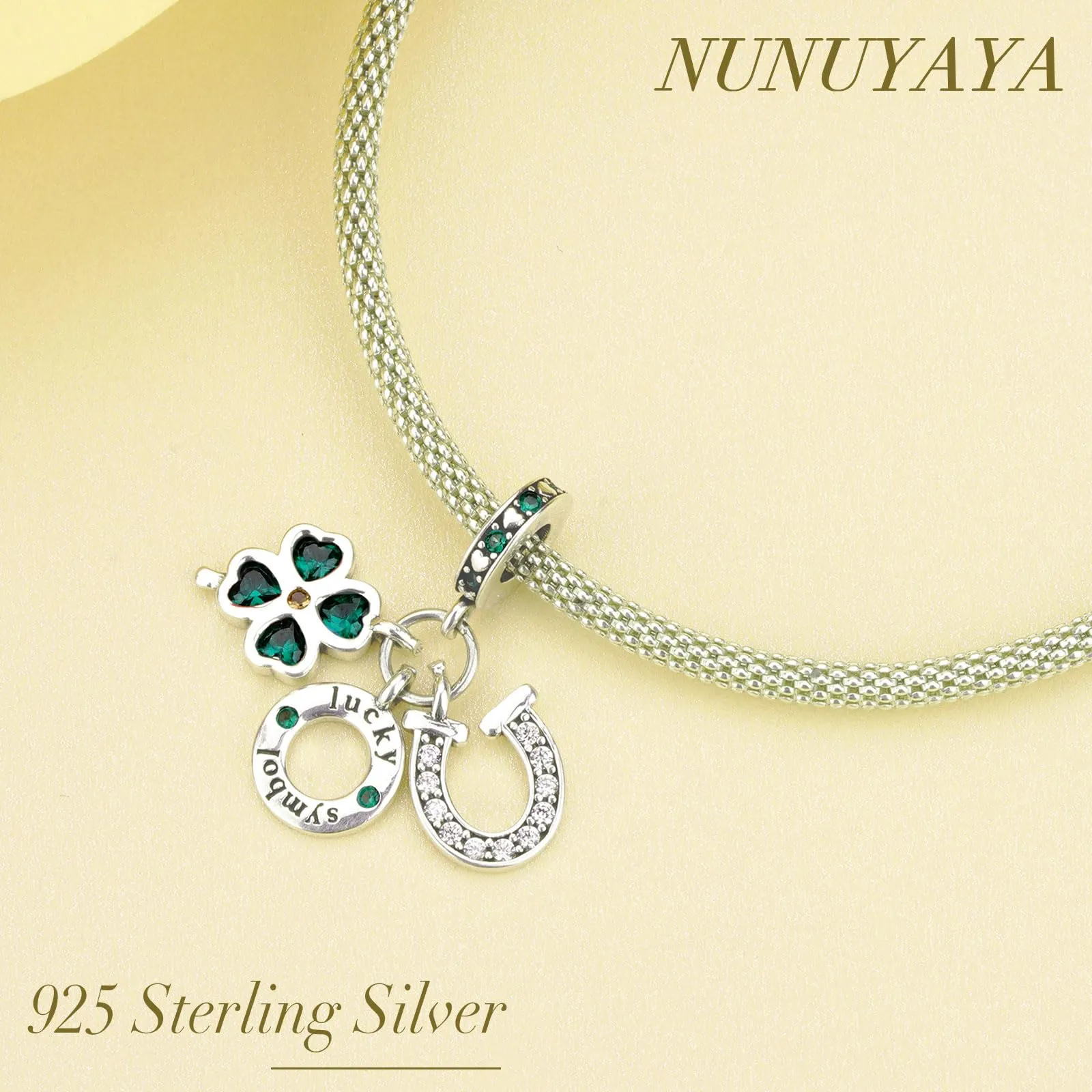 NUNUYAYA Charm Bead Ciondolo in Argento Sterling 925 Lucky Green Four-Leaf Clover con Cubic Zirconia - immagine 4