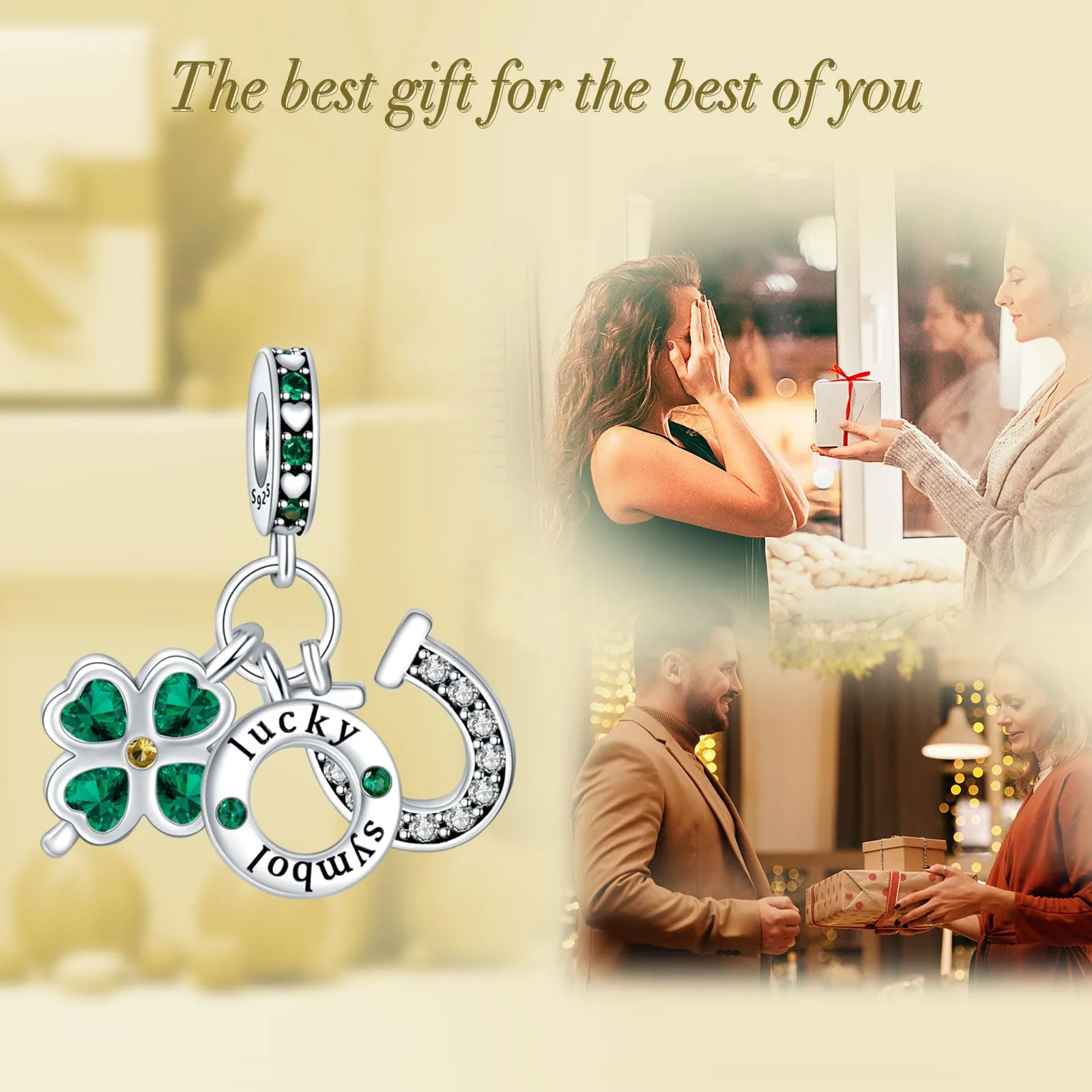 NUNUYAYA Charm Bead Ciondolo in Argento Sterling 925 Lucky Green Four-Leaf Clover con Cubic Zirconia - immagine 6