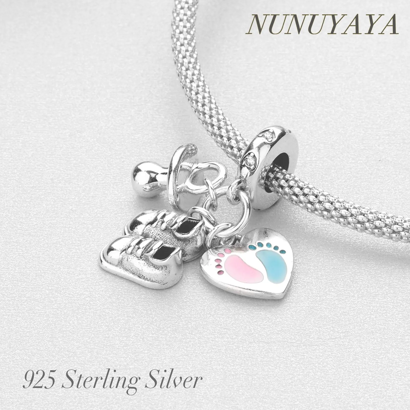 NUNUYAYA Charm Bead Ciondolo in Argento Sterling 925 Baby Footprints Shoes Pacifier con Zirconia - immagine 3