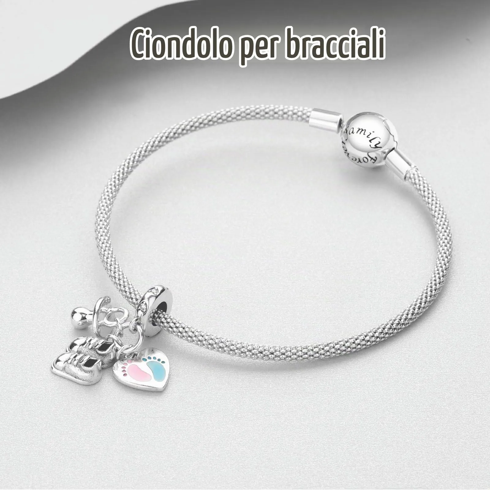 NUNUYAYA Charm Bead Ciondolo in Argento Sterling 925 Baby Footprints Shoes Pacifier con Zirconia - immagine 4