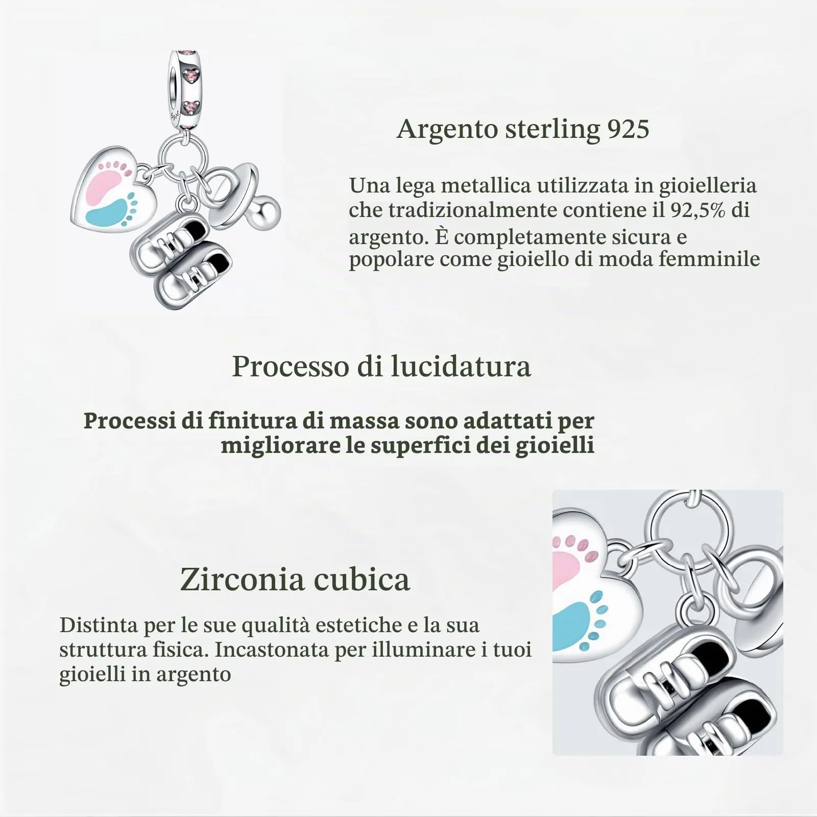 NUNUYAYA Charm Bead Ciondolo in Argento Sterling 925 Baby Footprints Shoes Pacifier con Zirconia - immagine 5