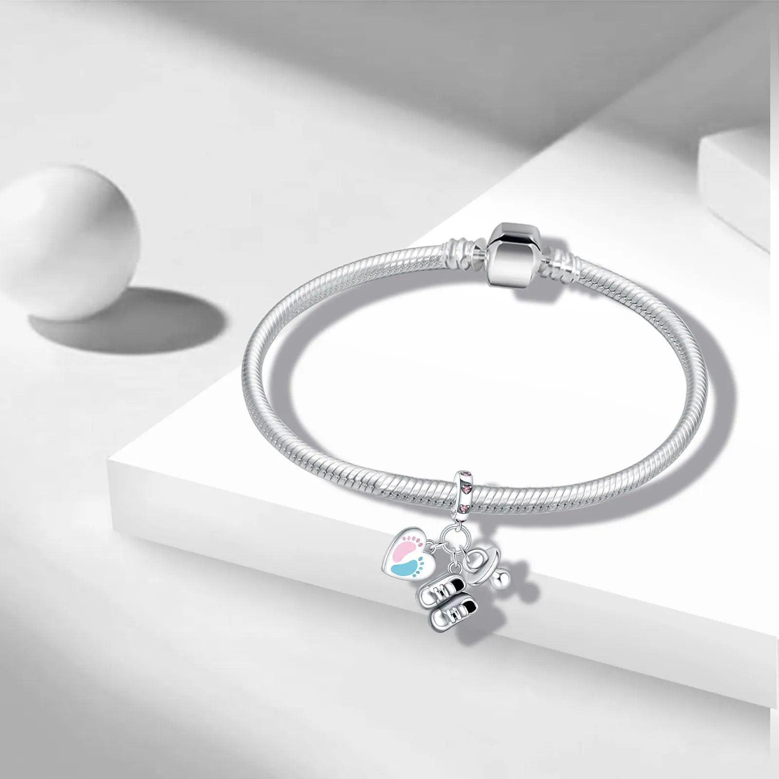 NUNUYAYA Charm Bead Ciondolo in Argento Sterling 925 Baby Footprints Shoes Pacifier con Zirconia - immagine 6