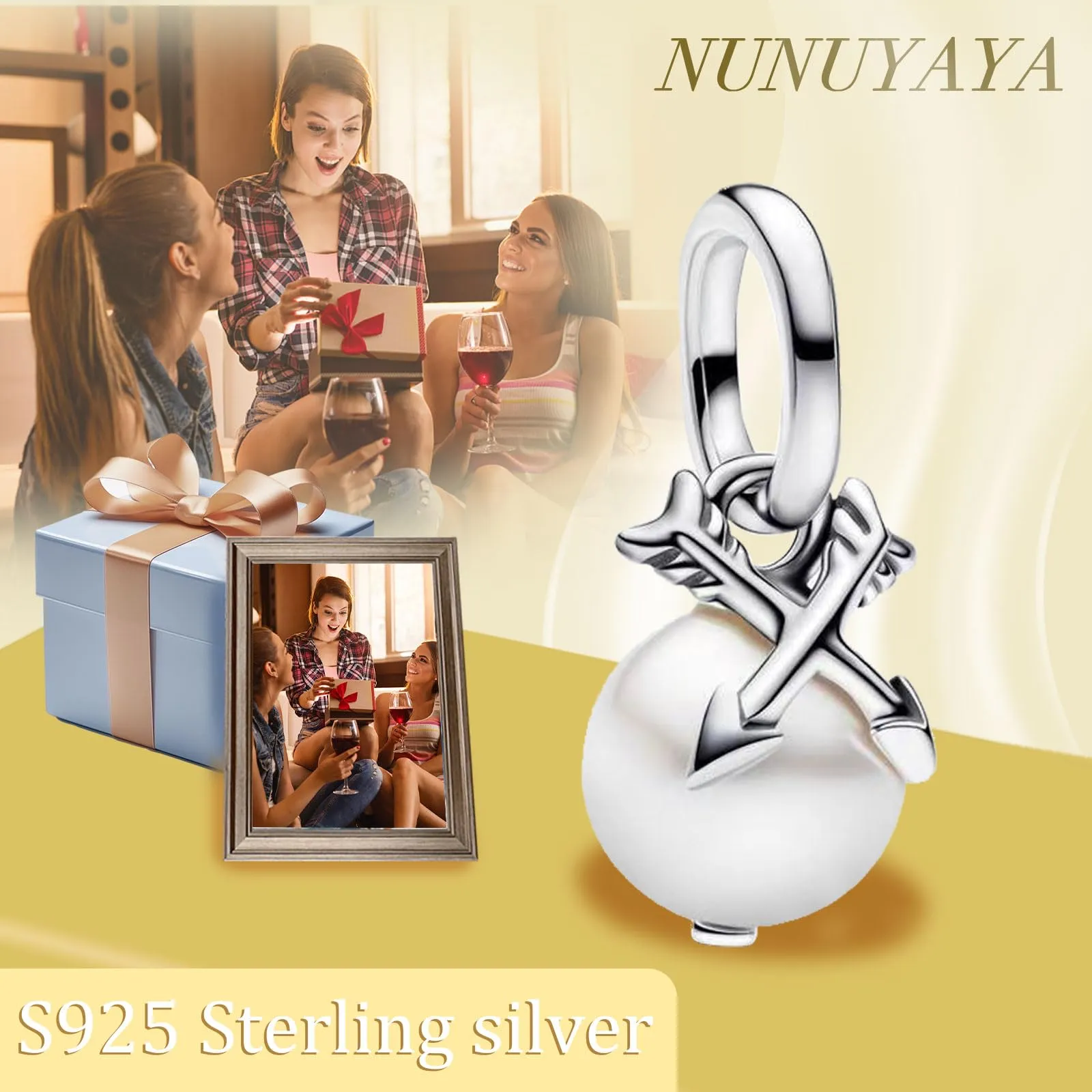 NUNUYAYA Cupid's Arrow Pearl Charm in Argento Sterling 925 con Cubic Zirconia - immagine 4