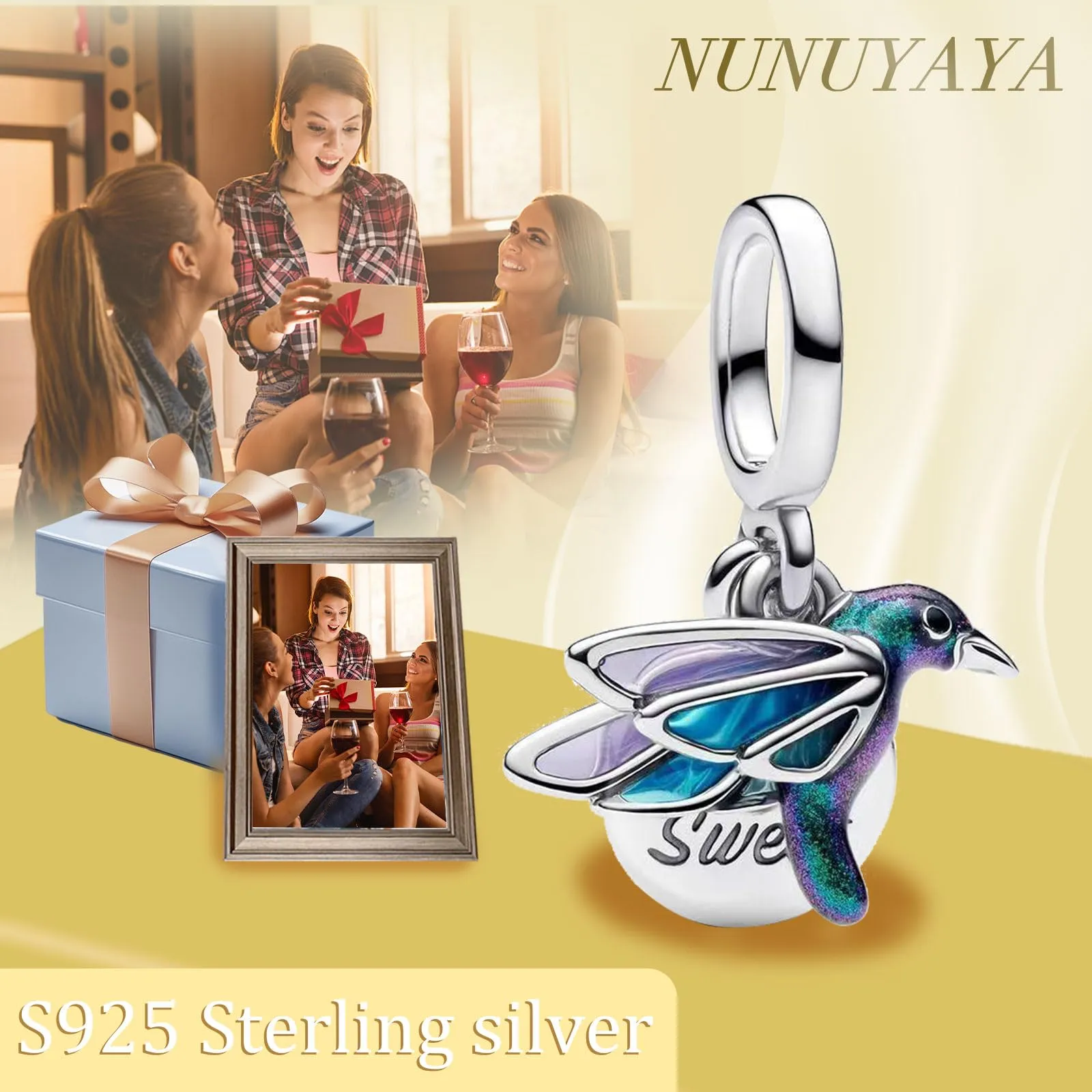 NUNUYAYA Black-Crowned Night Heron Charm in Argento Sterling 925 con Cubic Zirconia - immagine 4