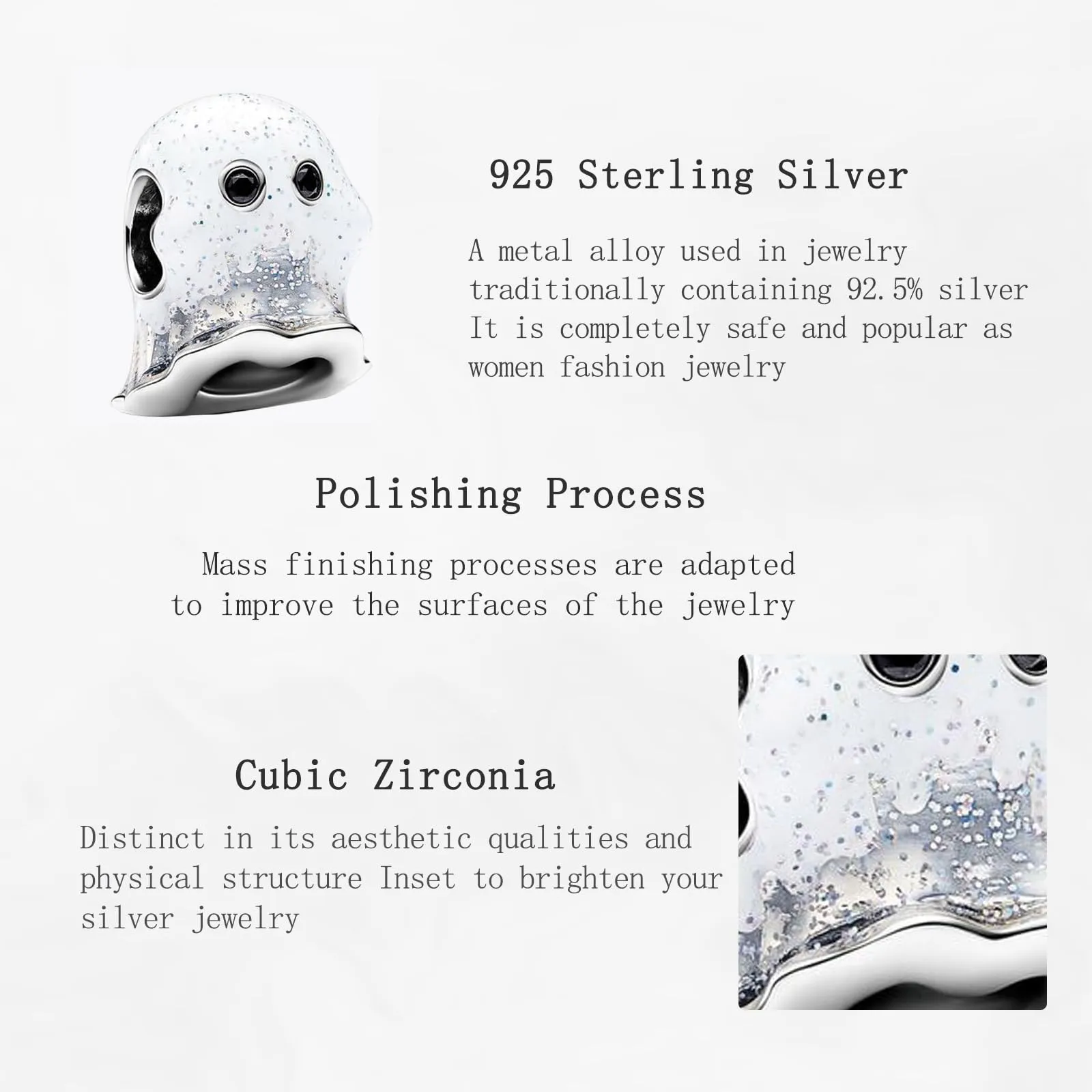NUNUYAYA Glow-in-the-dark Boo Ghost Charm Pendant in 925 Sterling Silver with Zirconia - immagine 4