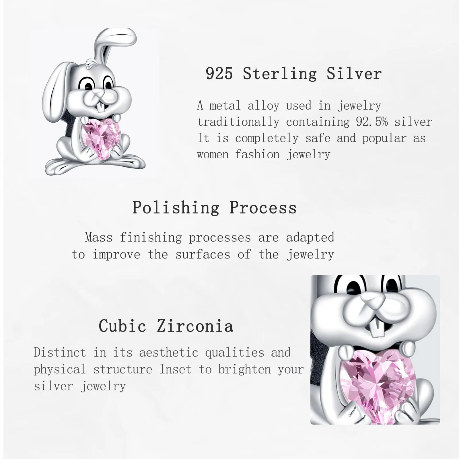 NUNUYAYA Bunny Love Charm in Argento Sterling 925 con Cubic Zirconia per Braccialetti e Collane - immagine 4