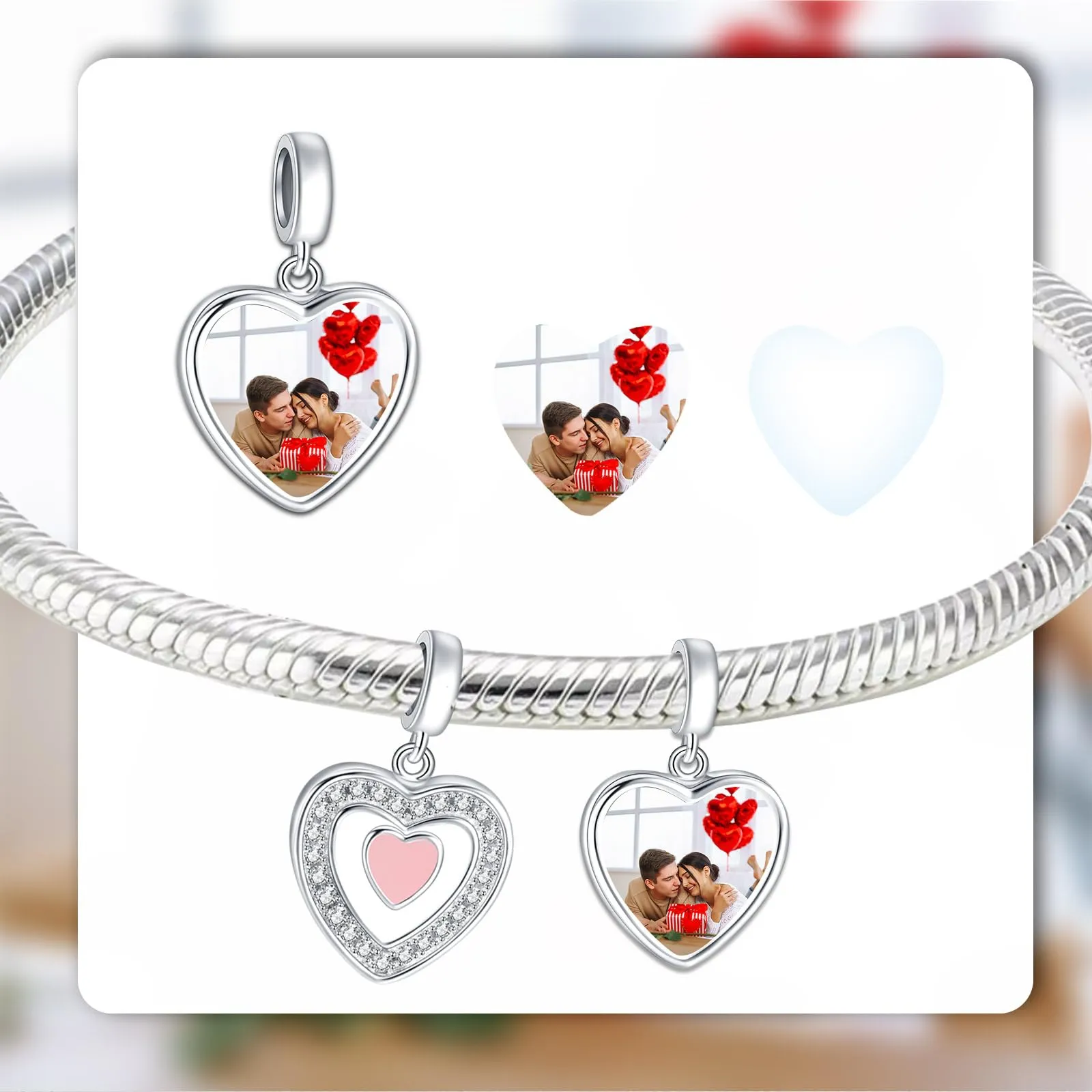 Annmors Ciondolo a forma di cuore in argento sterling 925 personalizzato con foto per bracciali e collane da donna - immagine 3