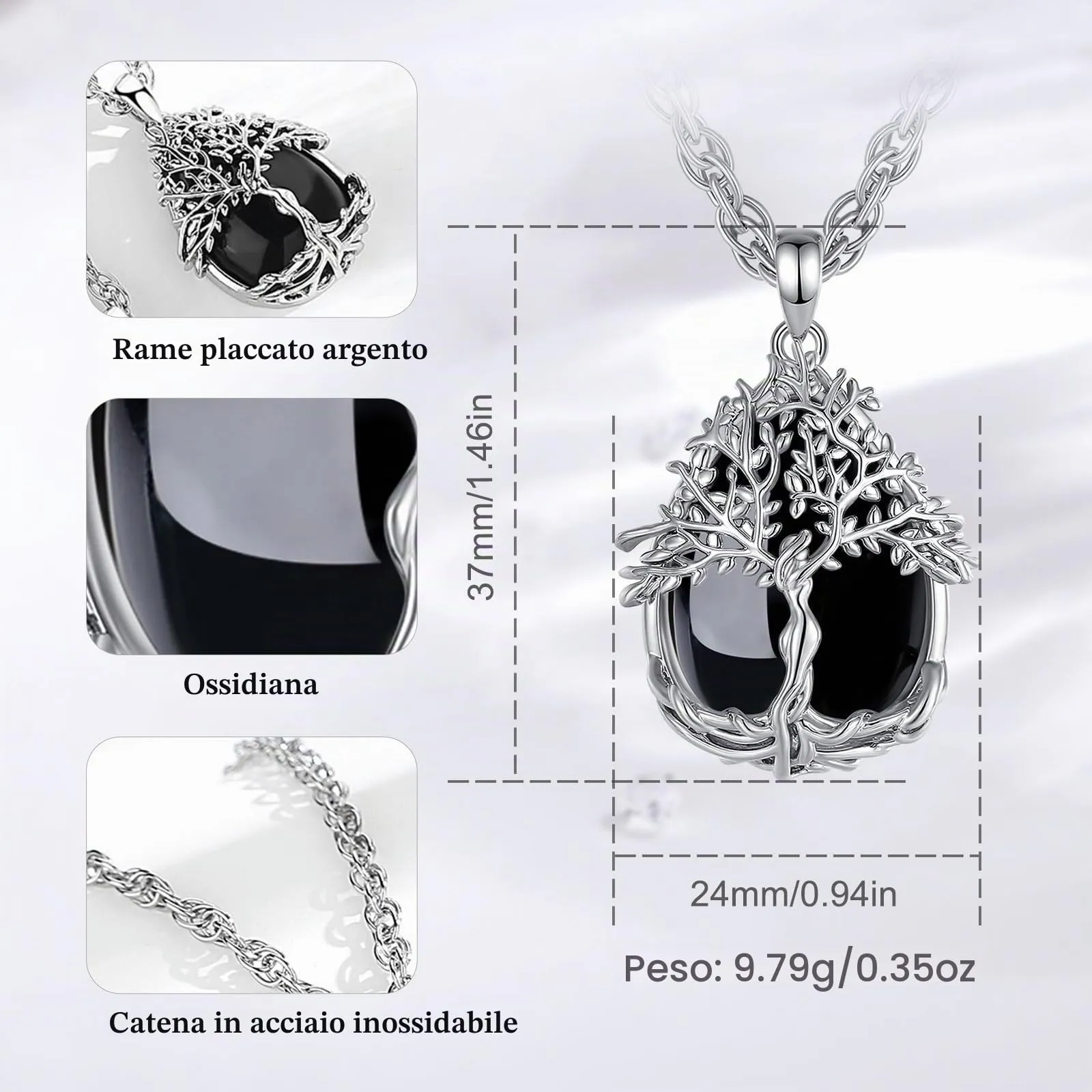 AEONSLOVE Collana Donna Albero della Vita con Ciondolo in Ossidiana Nera - immagine 4