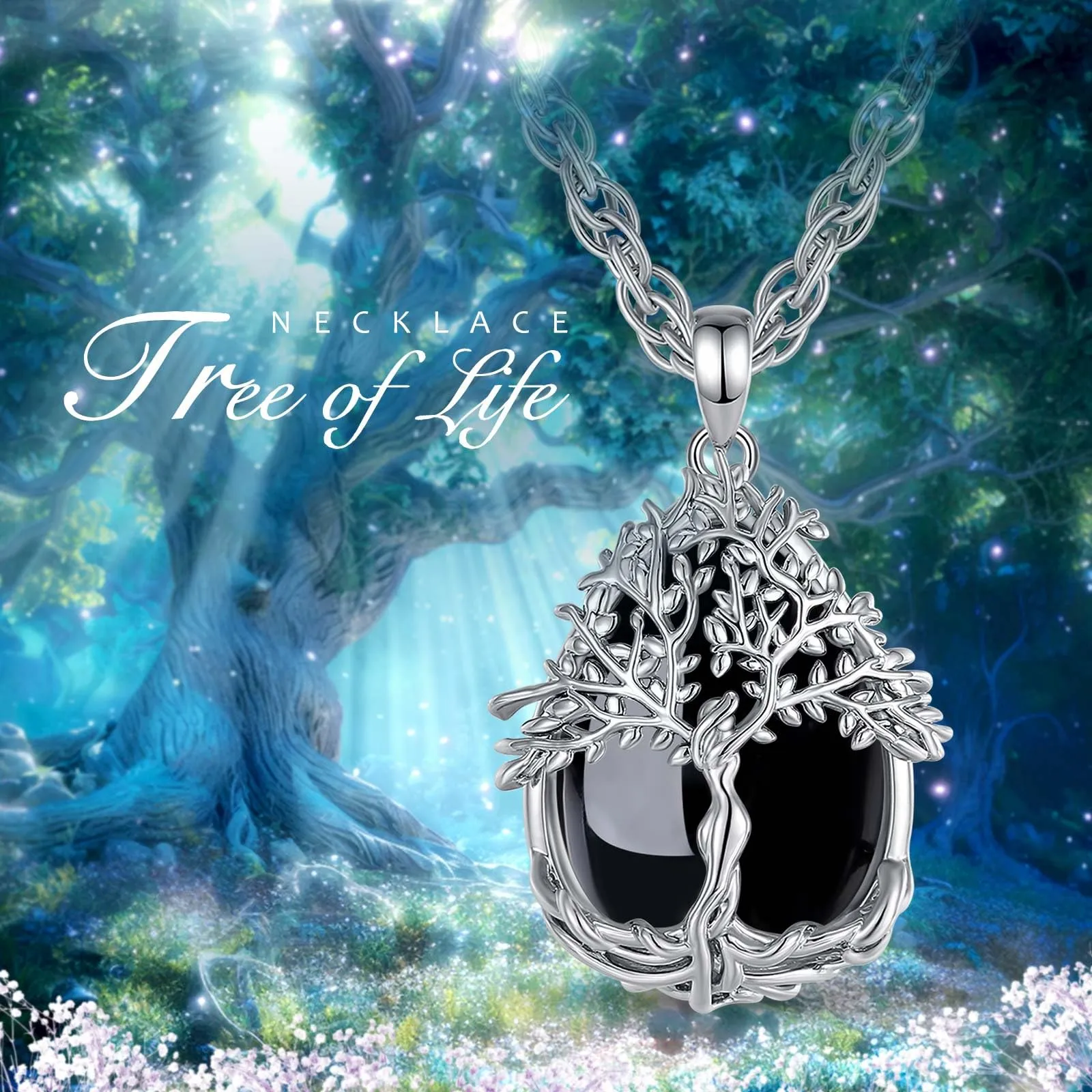 AEONSLOVE Collana Donna Albero della Vita con Ciondolo in Ossidiana Nera - immagine 7