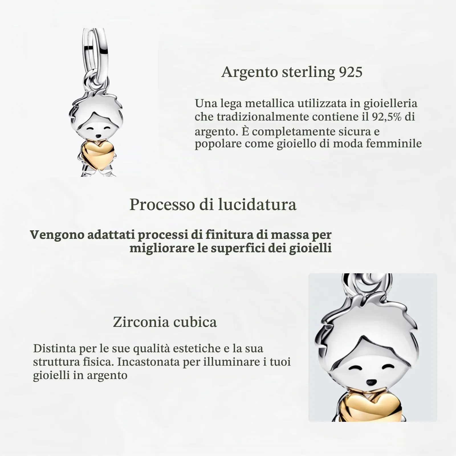 NUNUYAYA Charm Bead Ciondolo in Argento Sterling 925 Gold Love con Zirconia, Compatibile con Braccialetti e Collane Europei, Set di 3 Pezzi - immagine 4