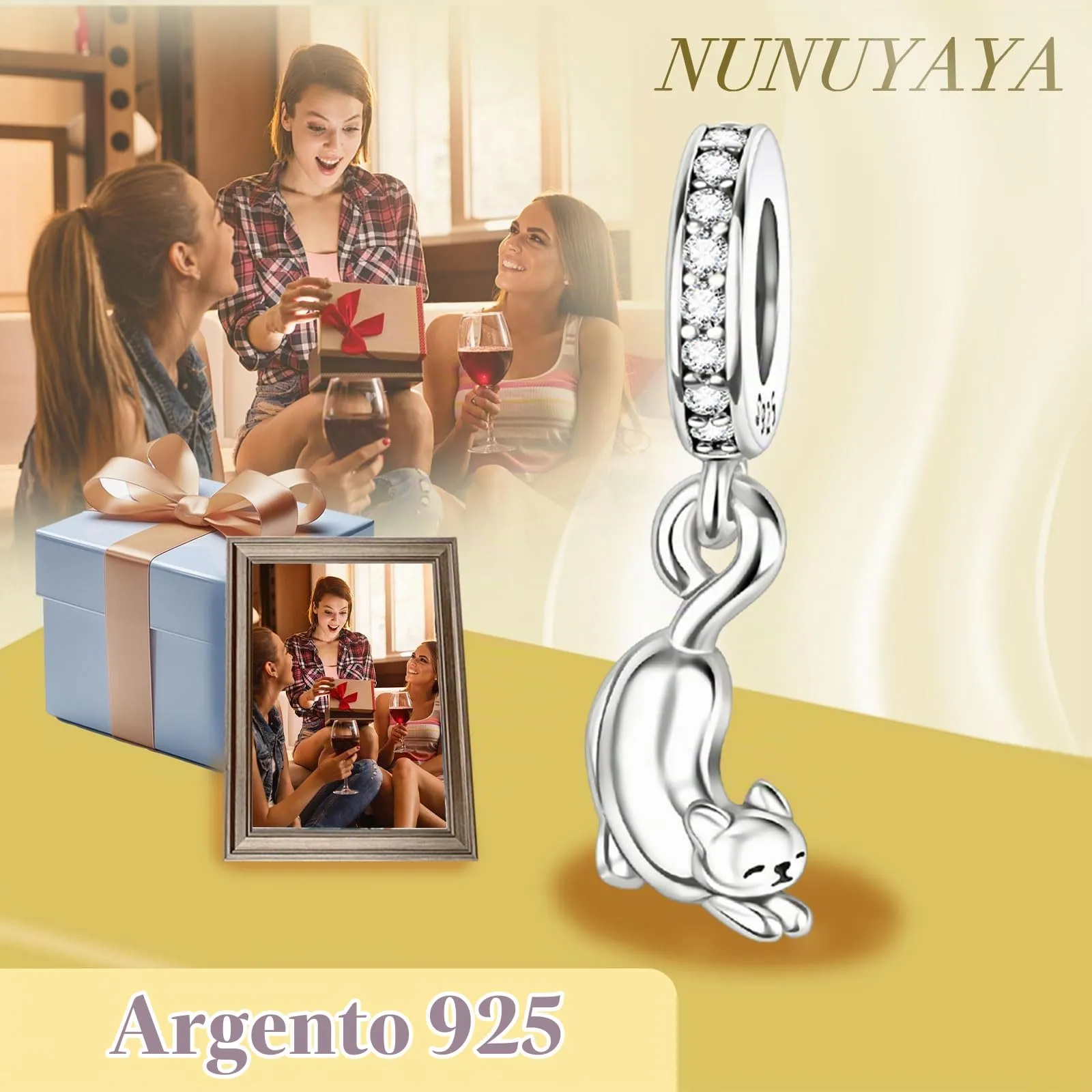 NUNUYAYA Kitten Charm in Argento Sterling 925 con Cubic Zirconia per Braccialetti e Collane Europei - immagine 4
