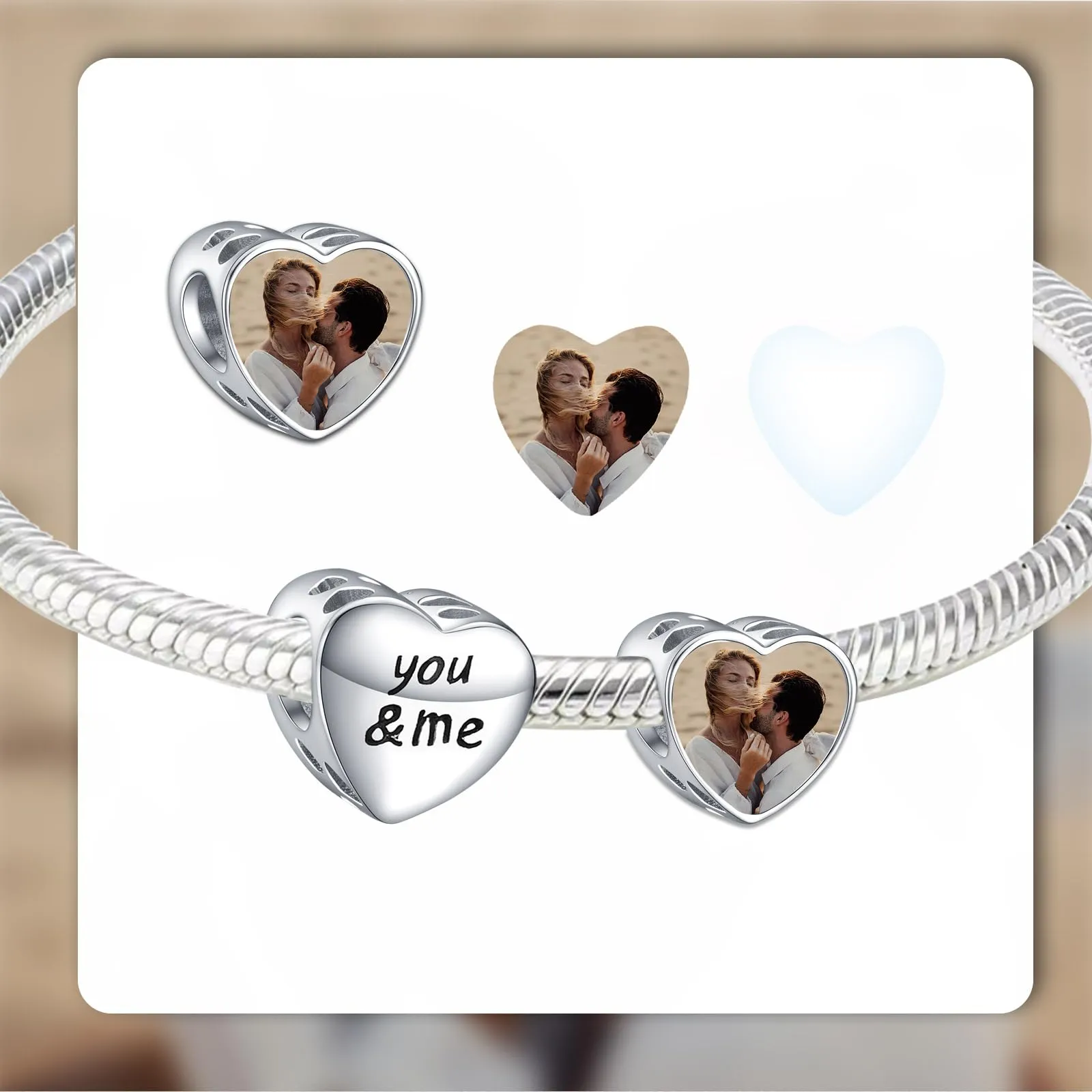 Annmors Photo Charm Lettera Personalizzata 925 Sterling Silver You&Me Charm Bead per Collana e Braccialetto Donna - immagine 3