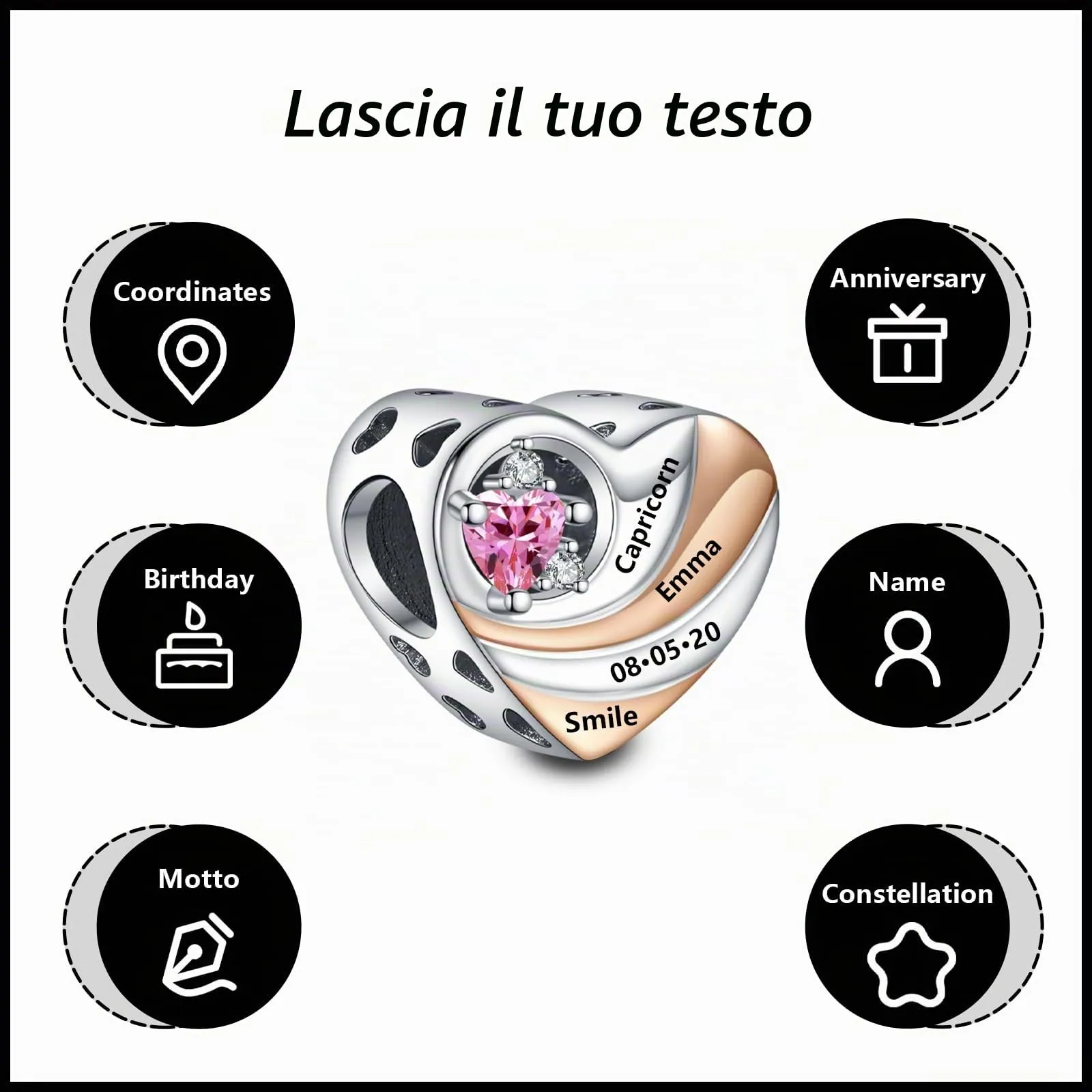 Annmors Cuore Personalizzato in Argento Sterling 925 per Bracciali e Collane - immagine 6