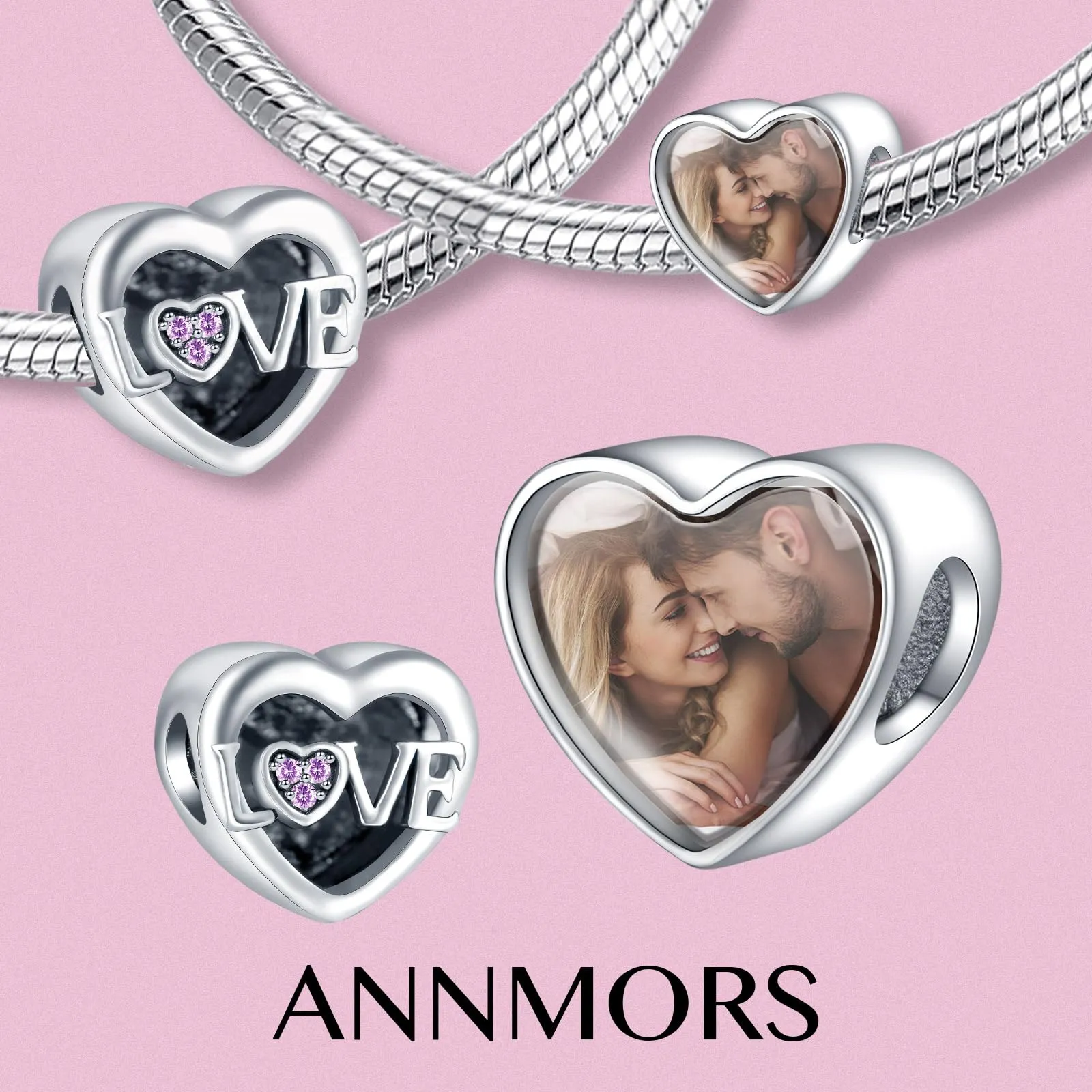 Annmors 925 Sterling Silver Personalized Photo Heart Charm for Bracelets and Necklaces - immagine 2
